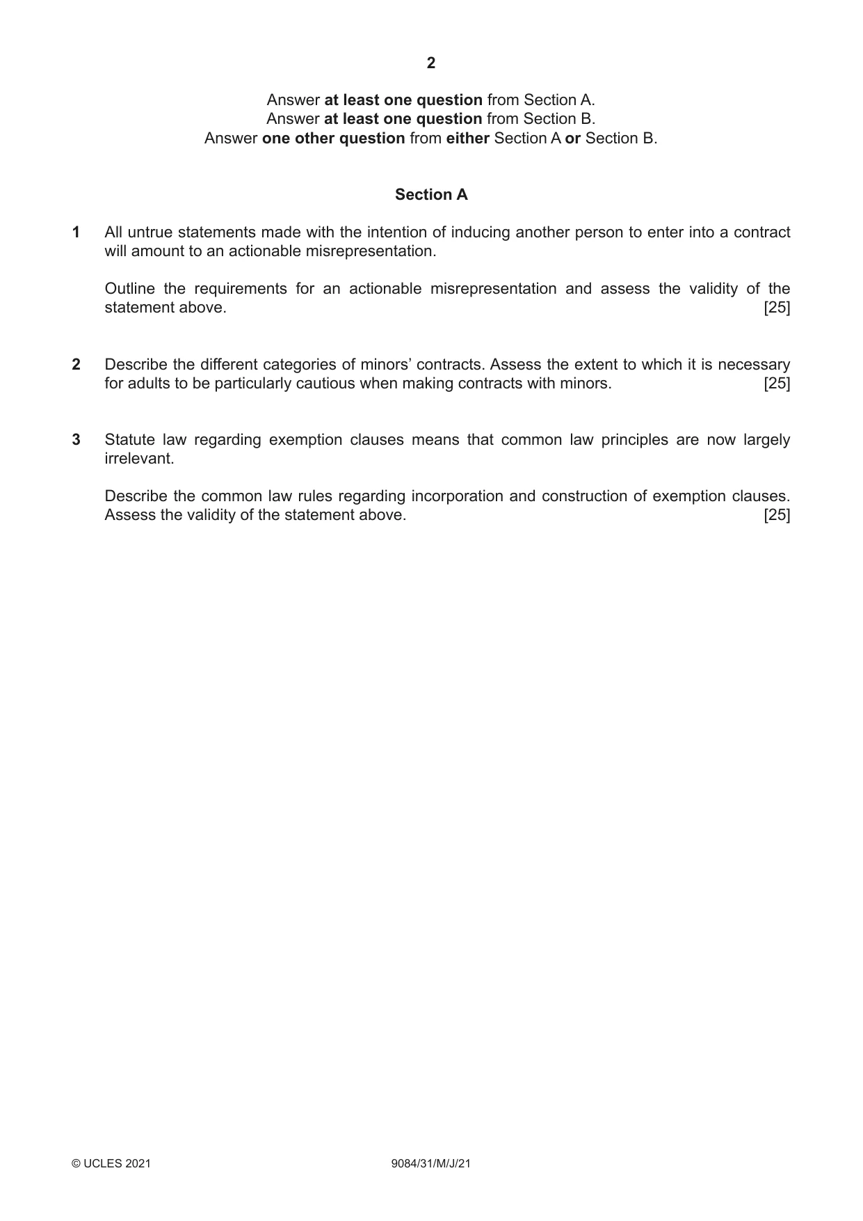 Cambridge A Level Law 9084 2021 May/June Paper 3 · Variant 1 question paper, page 2 of 4
