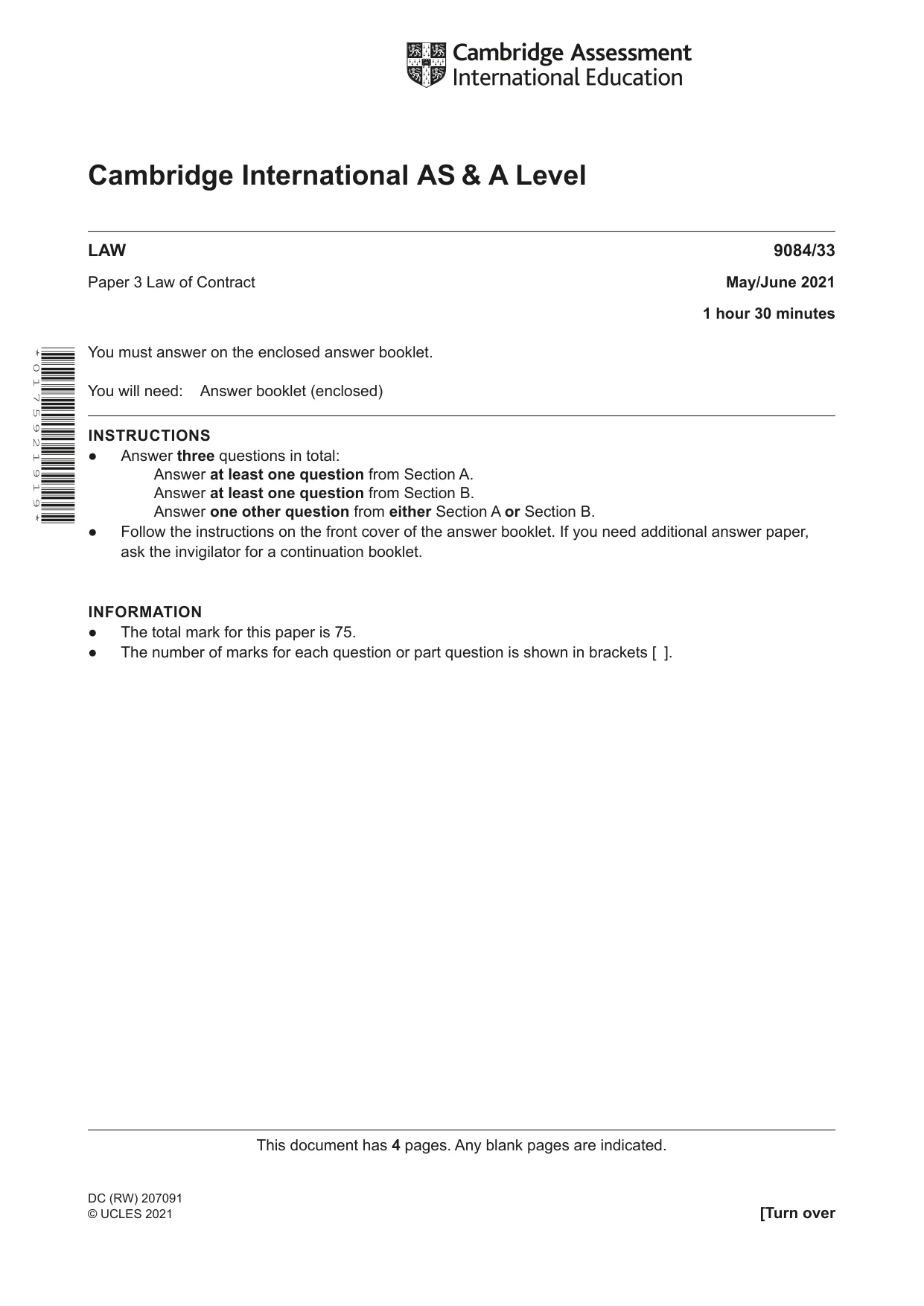 Cambridge A Level Law 9084 2021 May/June Paper 3 · Variant 3 question paper, page 1 of 4