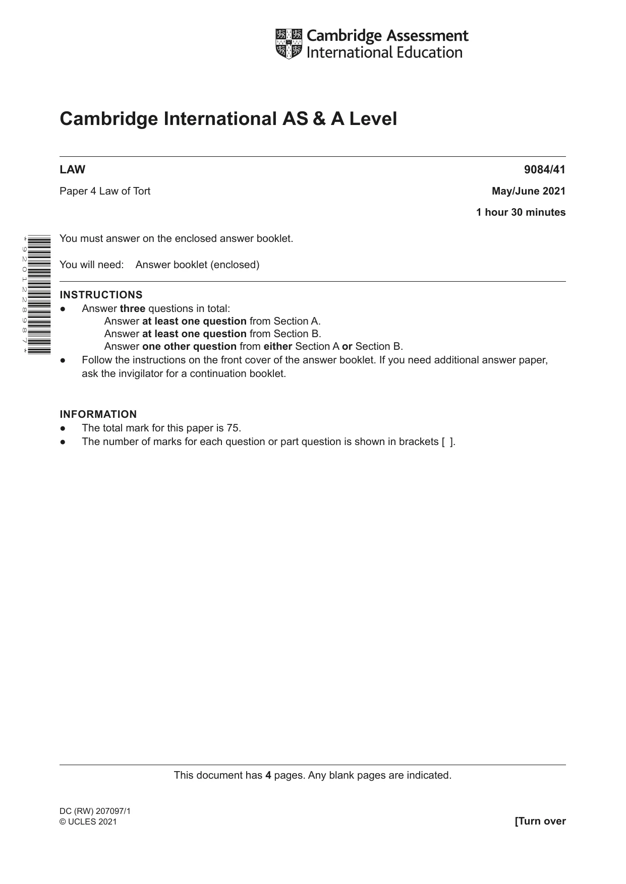 Cambridge A Level Law 9084 2021 May/June Paper 4 · Variant 1 question paper, page 1 of 4