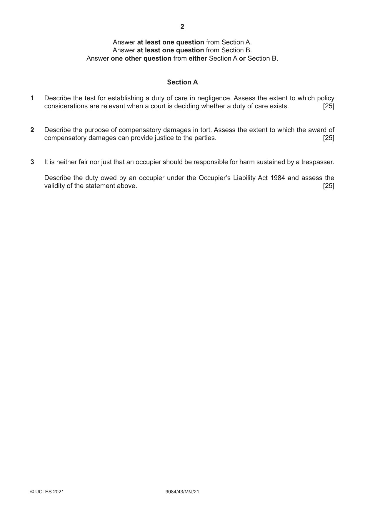 Cambridge A Level Law 9084 2021 May/June Paper 4 · Variant 3 question paper, page 2 of 4