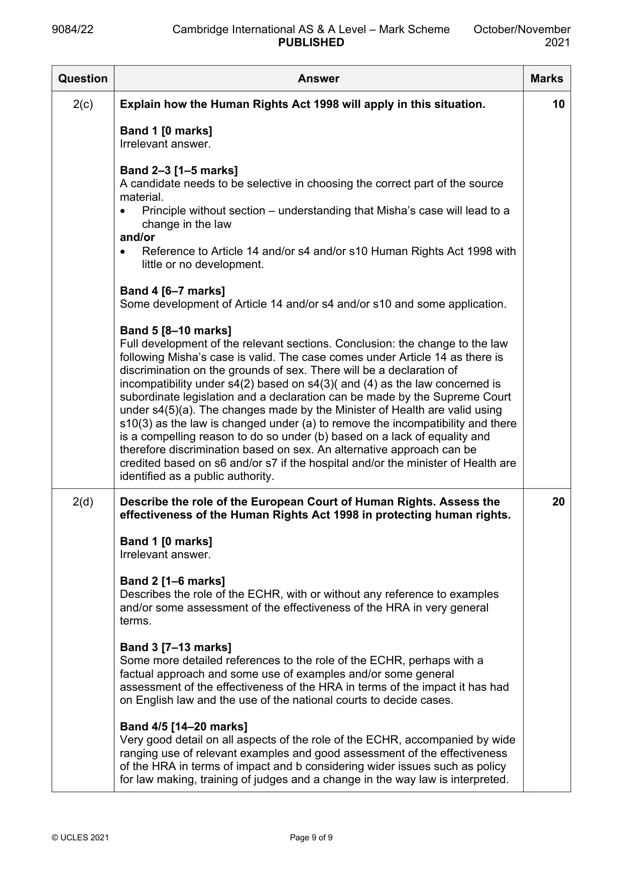 Mark scheme, page 9 of 9