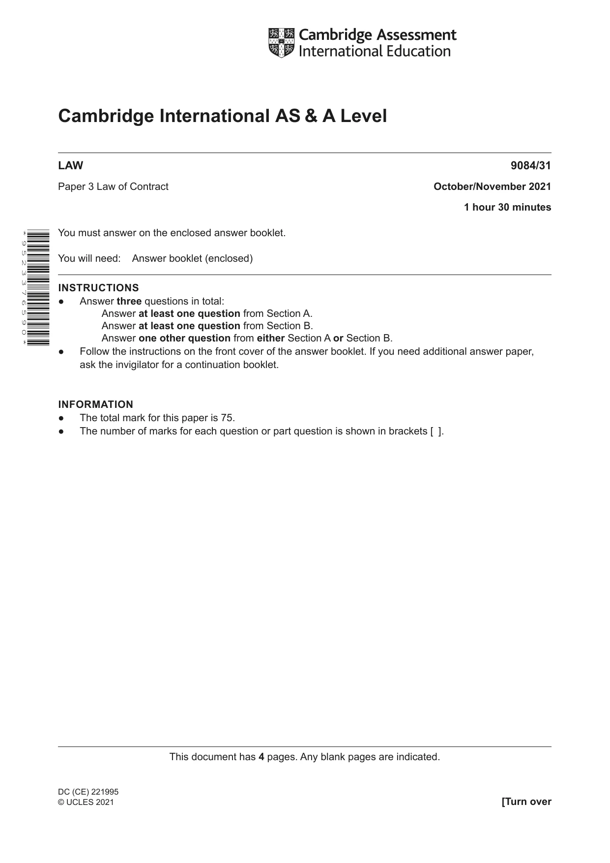 Cambridge A Level Law 9084 2021 Oct/Nov Paper 3 · Variant 1 question paper, page 1 of 4