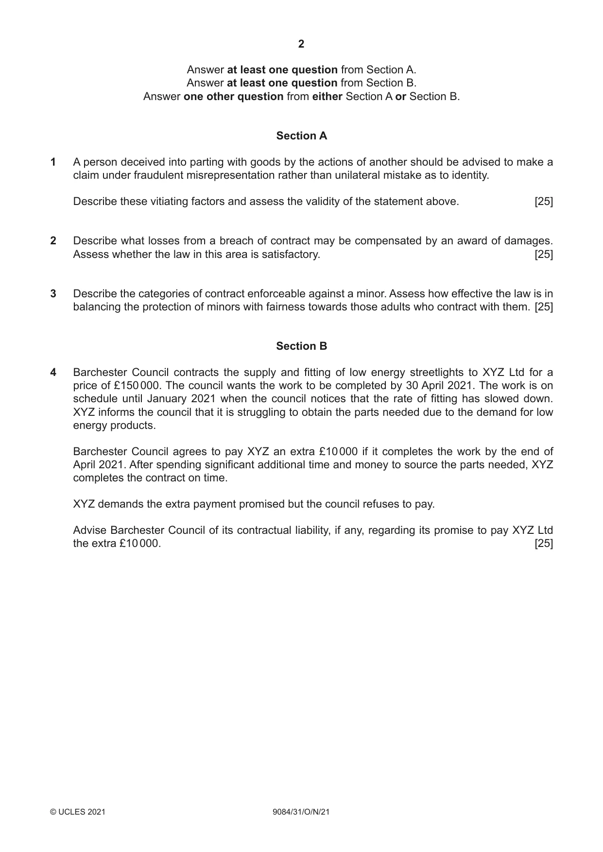 Cambridge A Level Law 9084 2021 Oct/Nov Paper 3 · Variant 1 question paper, page 2 of 4