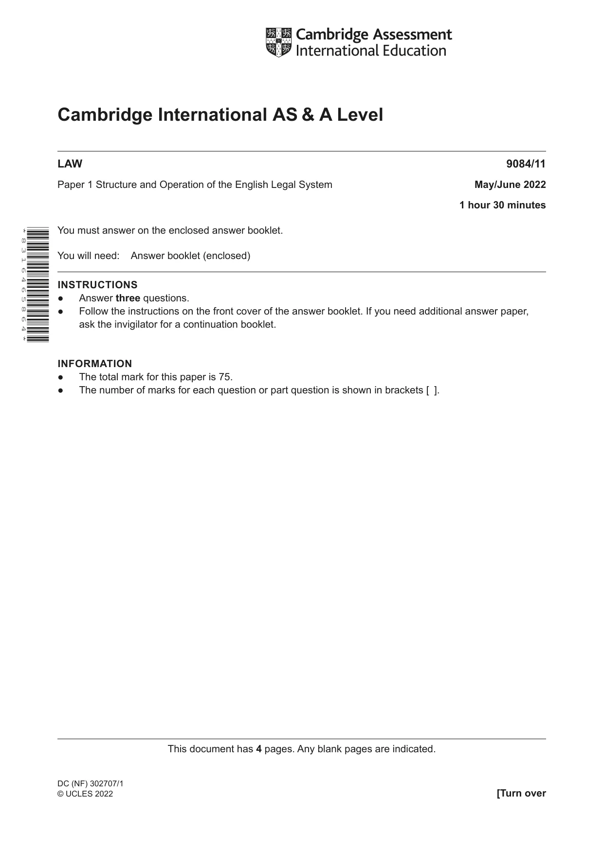 Cambridge A Level Law 9084 2022 May/June Paper 1 · Variant 1 question paper, page 1 of 4