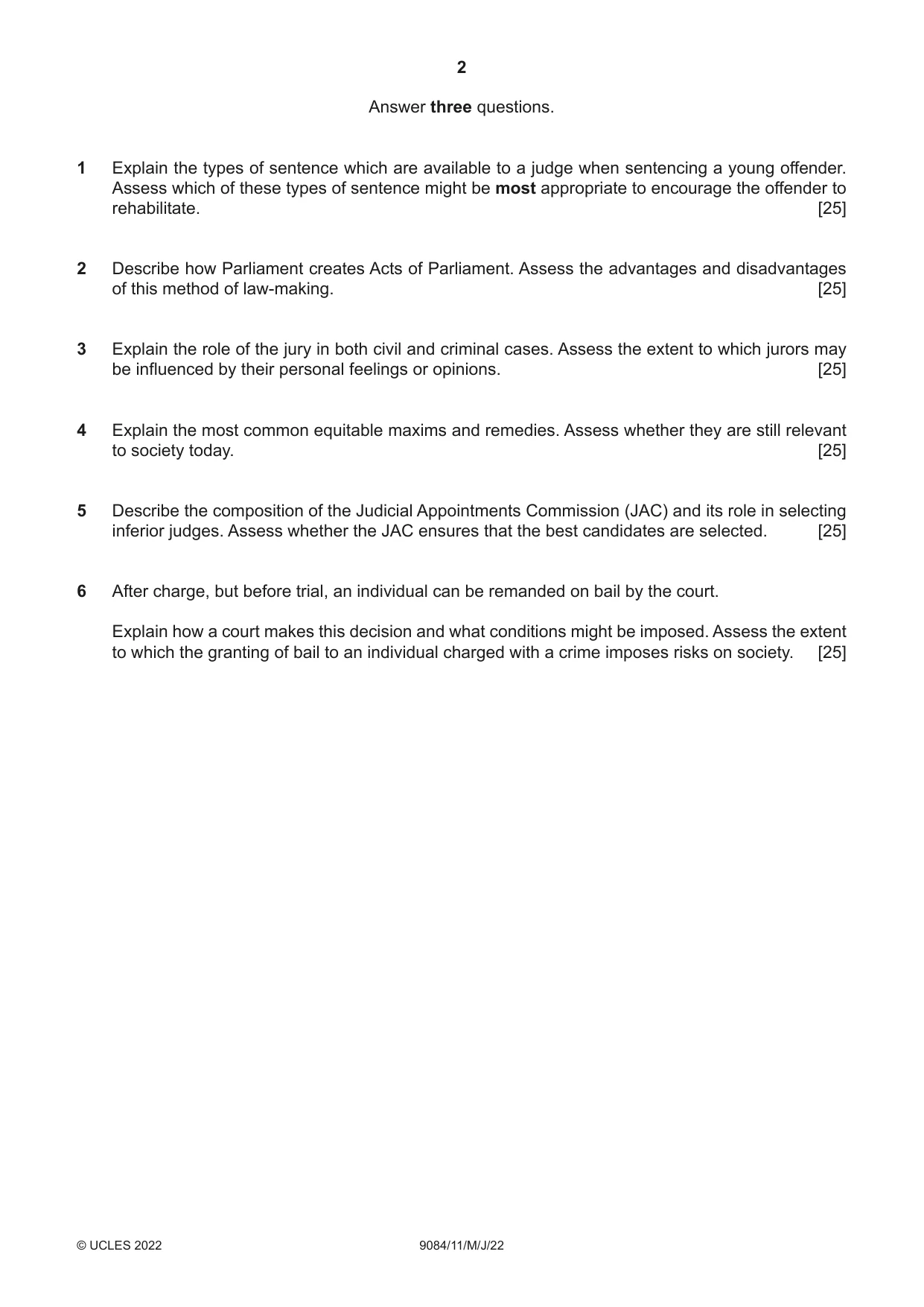 Cambridge A Level Law 9084 2022 May/June Paper 1 · Variant 1 question paper, page 2 of 4