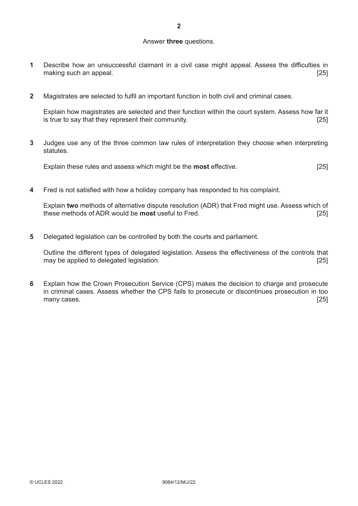 Cambridge A Level Law 9084 2022 May/June Paper 1 · Variant 2 question paper, page 2 of 4