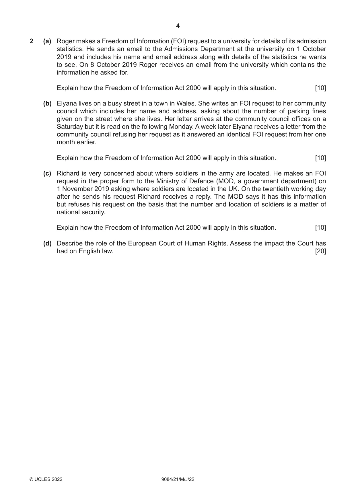 Cambridge A Level Law 9084 2022 May/June Paper 2 · Variant 1 question paper, page 4 of 8