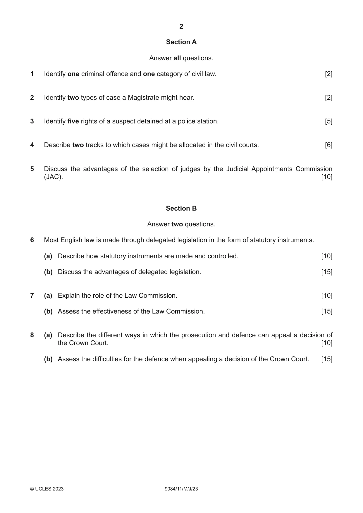 Cambridge A Level Law 9084 2023 May/June Paper 1 · Variant 1 question paper, page 2 of 4