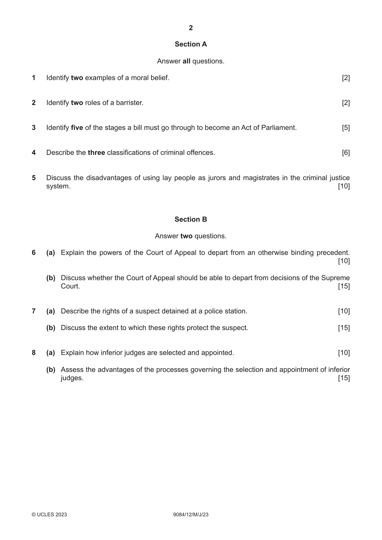 Cambridge A Level Law 9084 2023 May/June Paper 1 · Variant 2 question paper, page 2 of 4