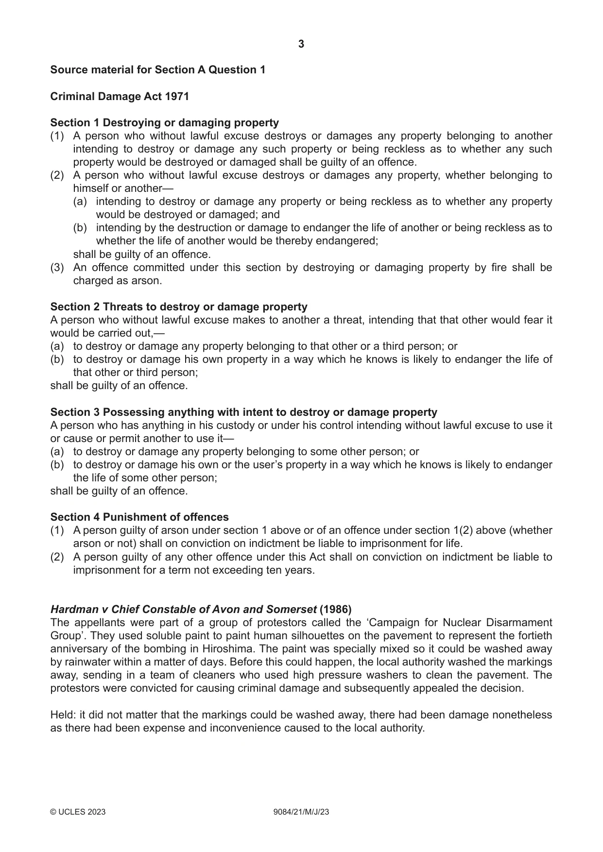 Cambridge A Level Law 9084 2023 May/June Paper 2 · Variant 1 question paper, page 3 of 4