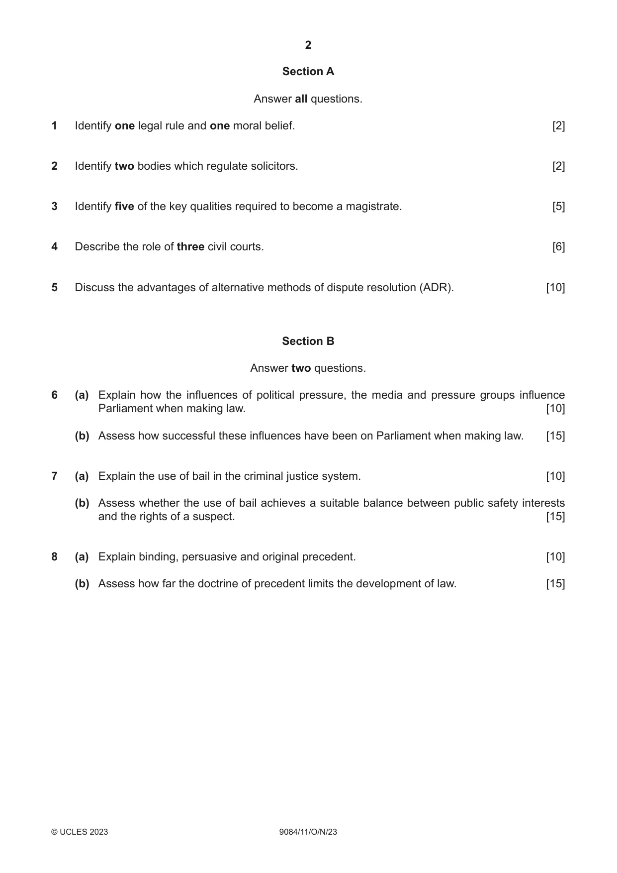 Cambridge A Level Law 9084 2023 Oct/Nov Paper 1 · Variant 1 question paper, page 2 of 4