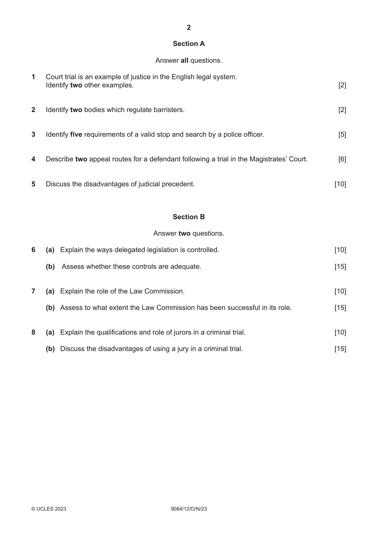 Cambridge A Level Law 9084 2023 Oct/Nov Paper 1 · Variant 2 question paper, page 2 of 4