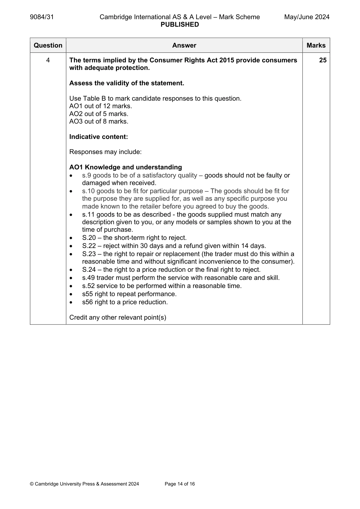 Mark scheme, page 14 of 16