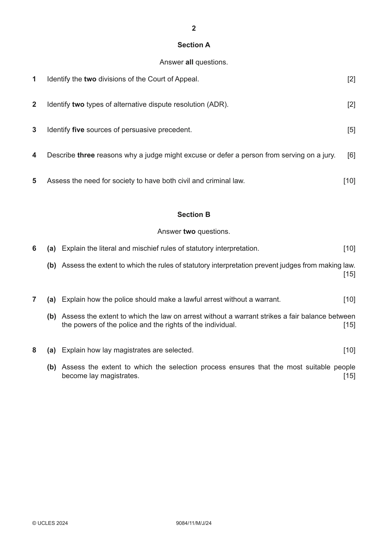 Cambridge A Level Law 9084 2024 May/June Paper 1 · Variant 1 question paper, page 2 of 4