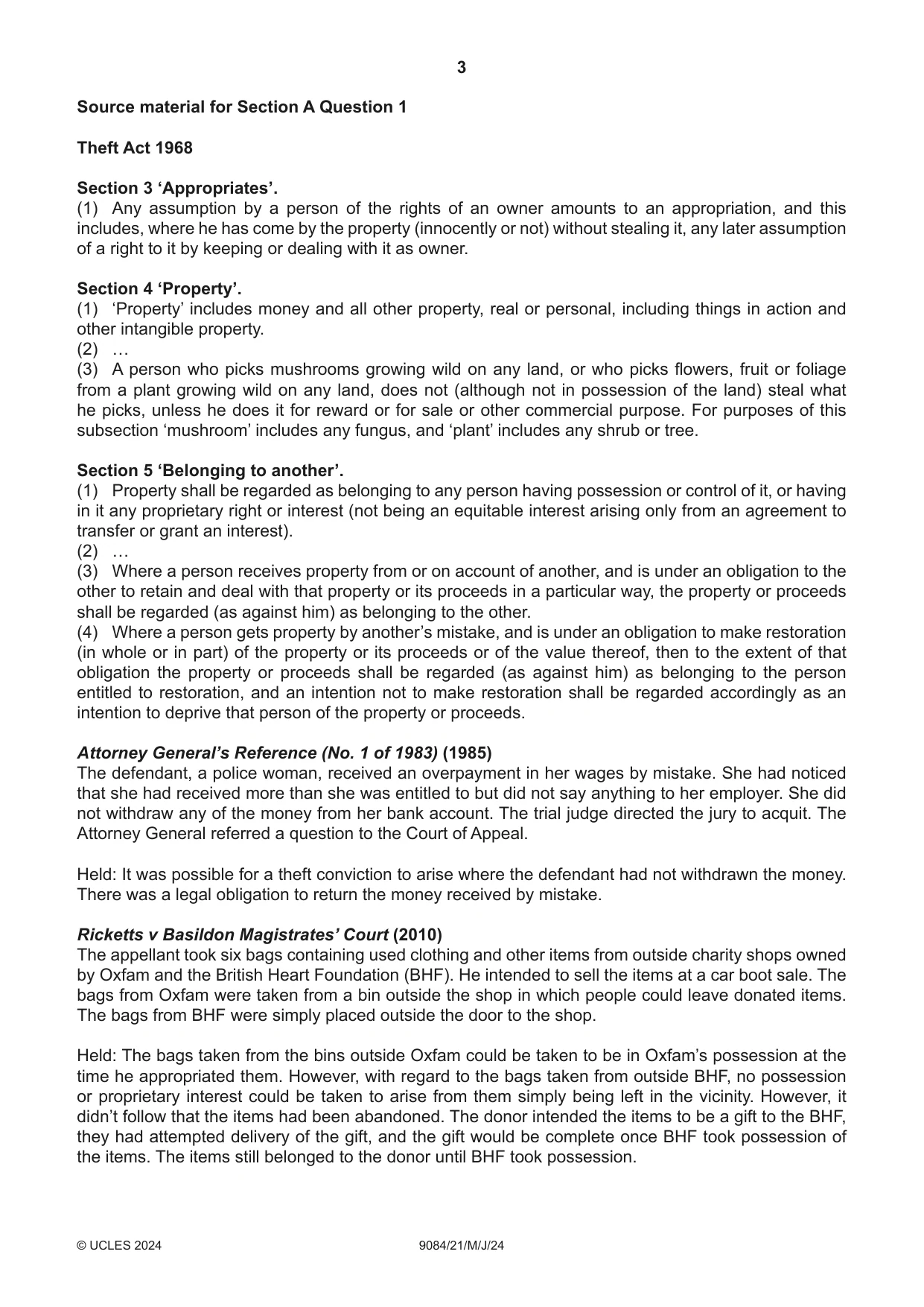Cambridge A Level Law 9084 2024 May/June Paper 2 · Variant 1 question paper, page 3 of 4