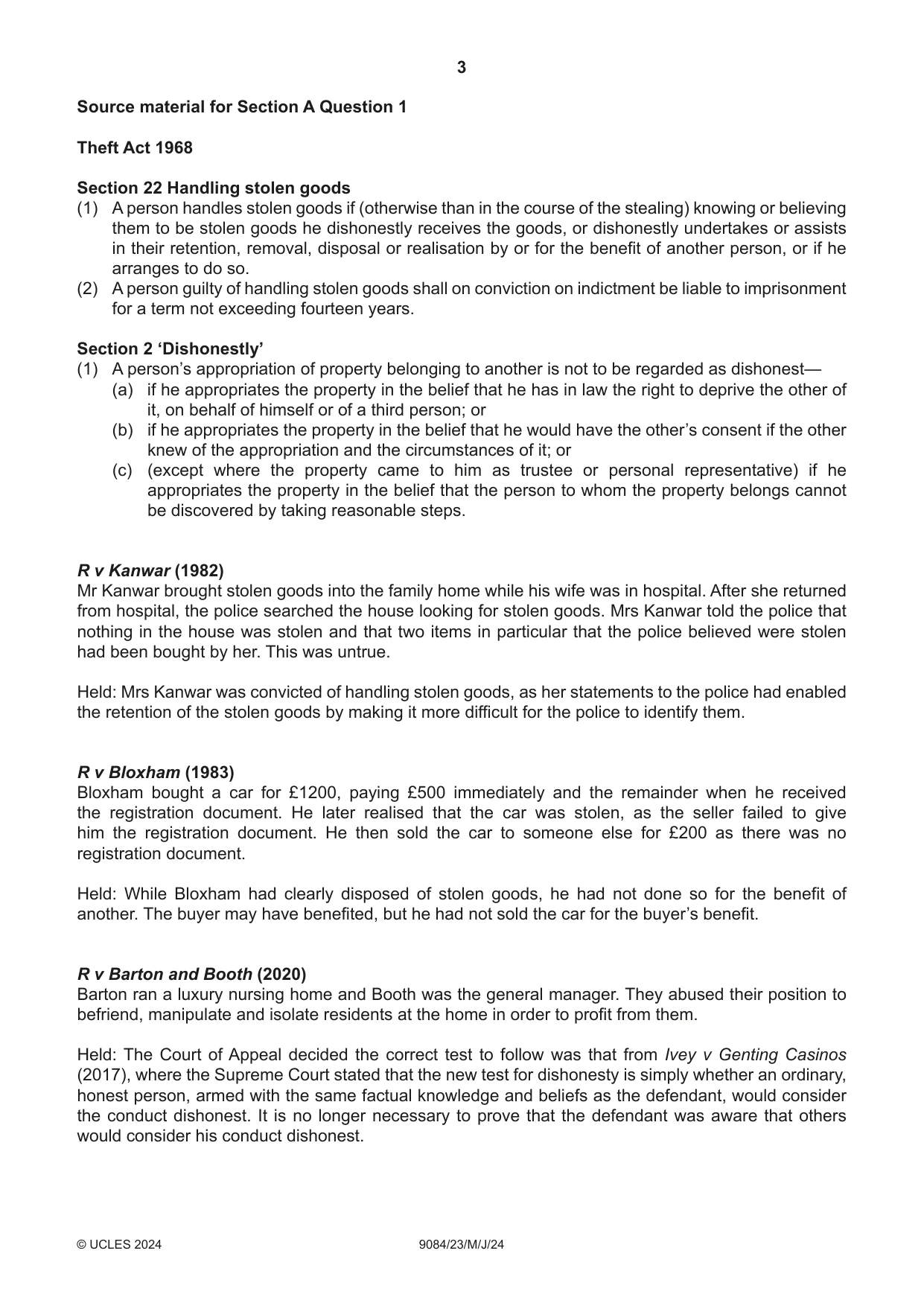 Cambridge A Level Law 9084 2024 May/June Paper 2 · Variant 3 question paper, page 3 of 4