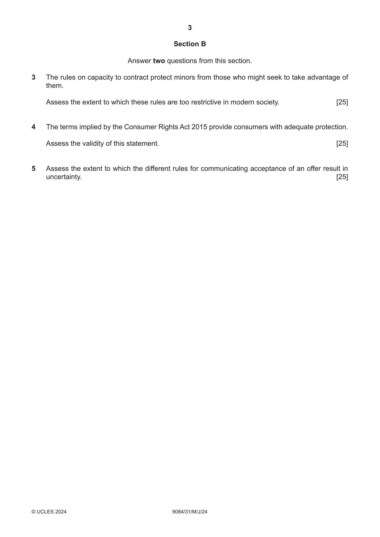 Cambridge A Level Law 9084 2024 May/June Paper 3 · Variant 1 question paper, page 3 of 4