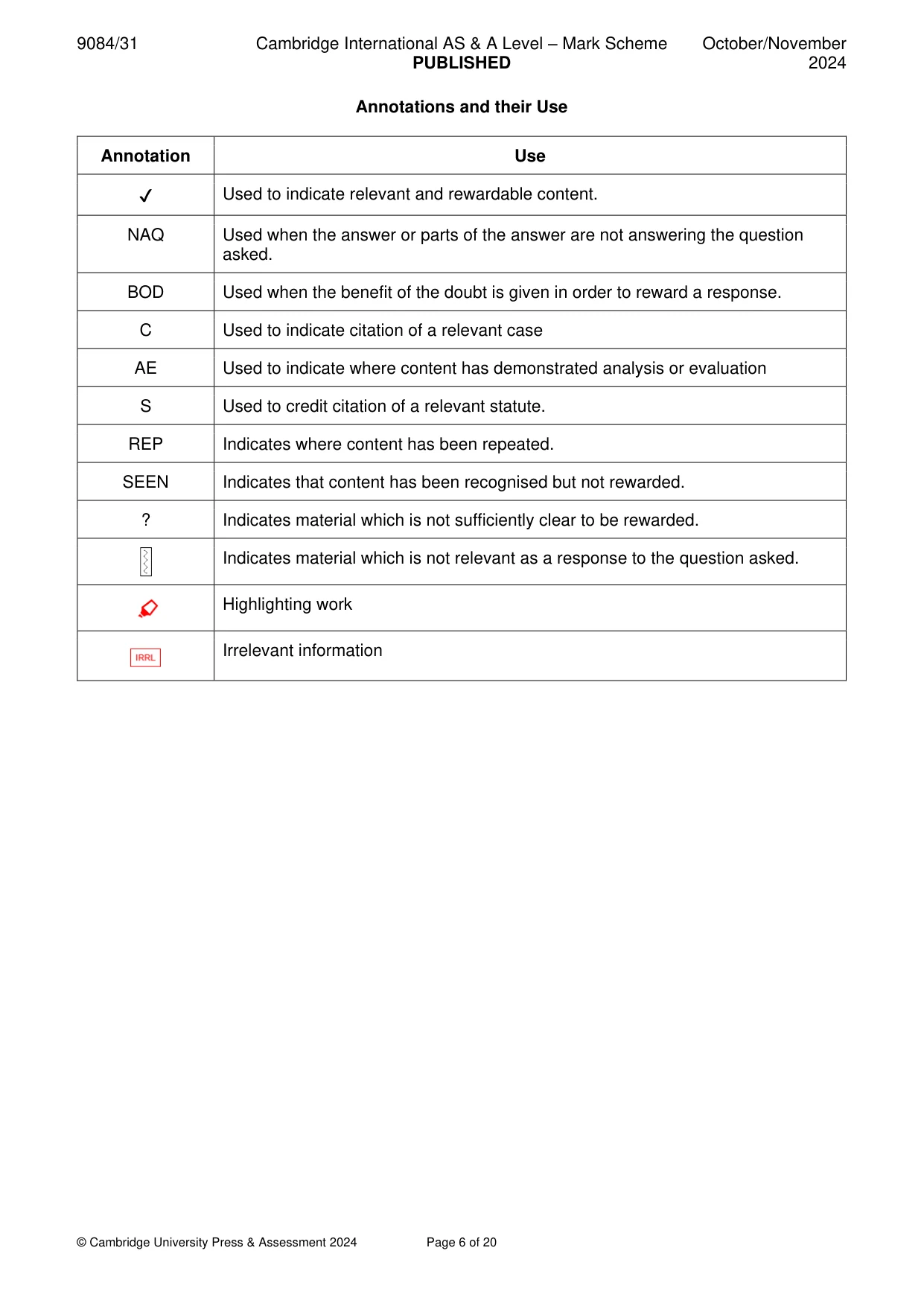 Mark scheme, page 6 of 20