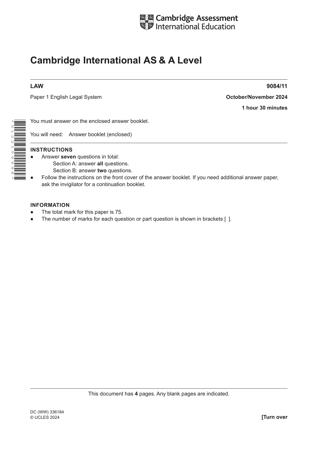 Cambridge A Level Law 9084 2024 Oct/Nov Paper 1 · Variant 1 question paper, page 1 of 4