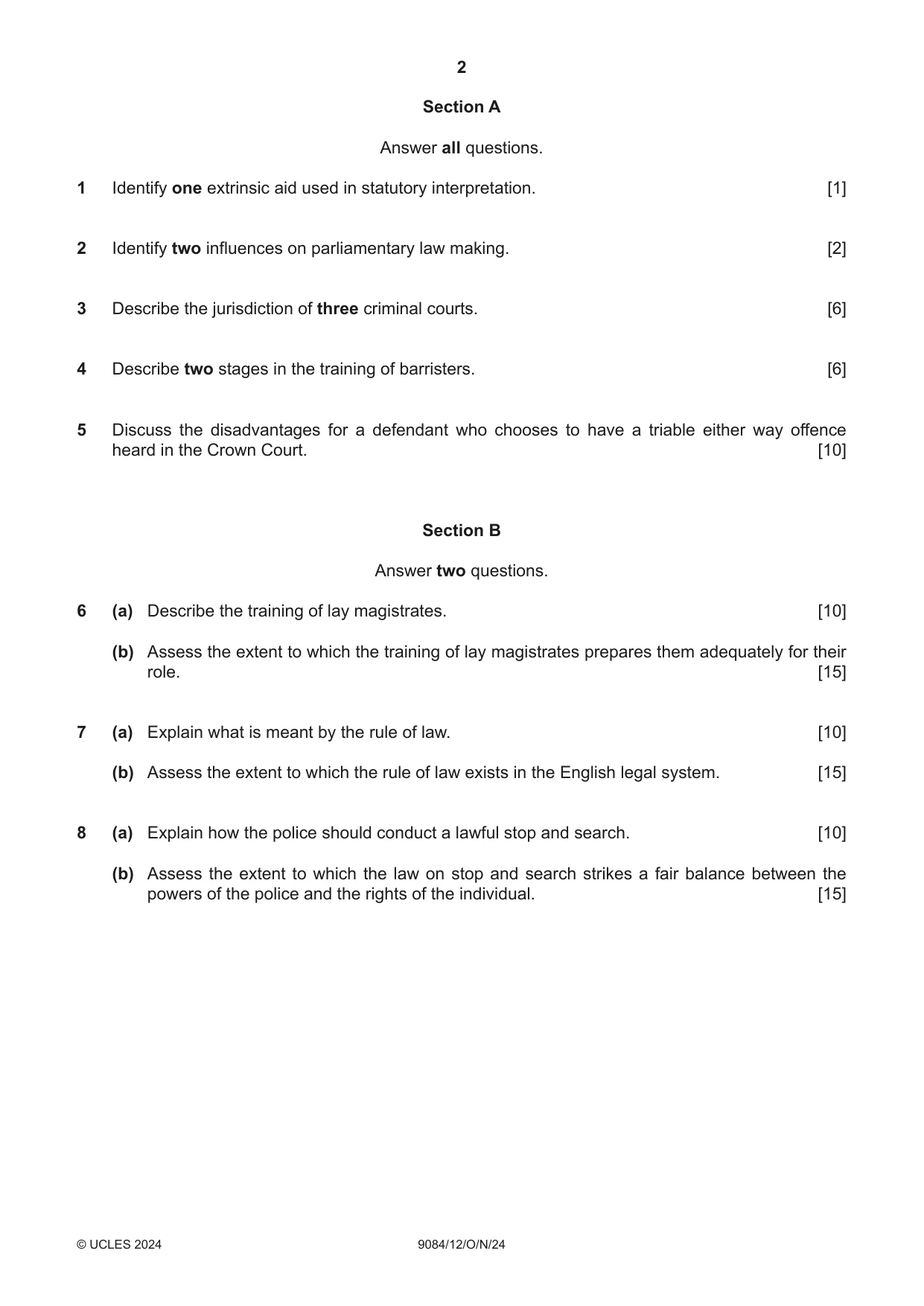 Cambridge A Level Law 9084 2024 Oct/Nov Paper 1 · Variant 2 question paper, page 2 of 4