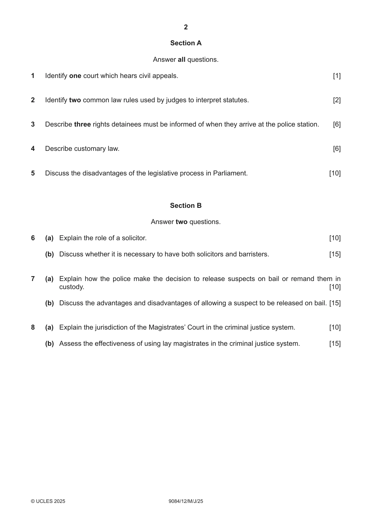 Cambridge A Level Law 9084 2025 May/June Paper 1 · Variant 2 question paper, page 2 of 4