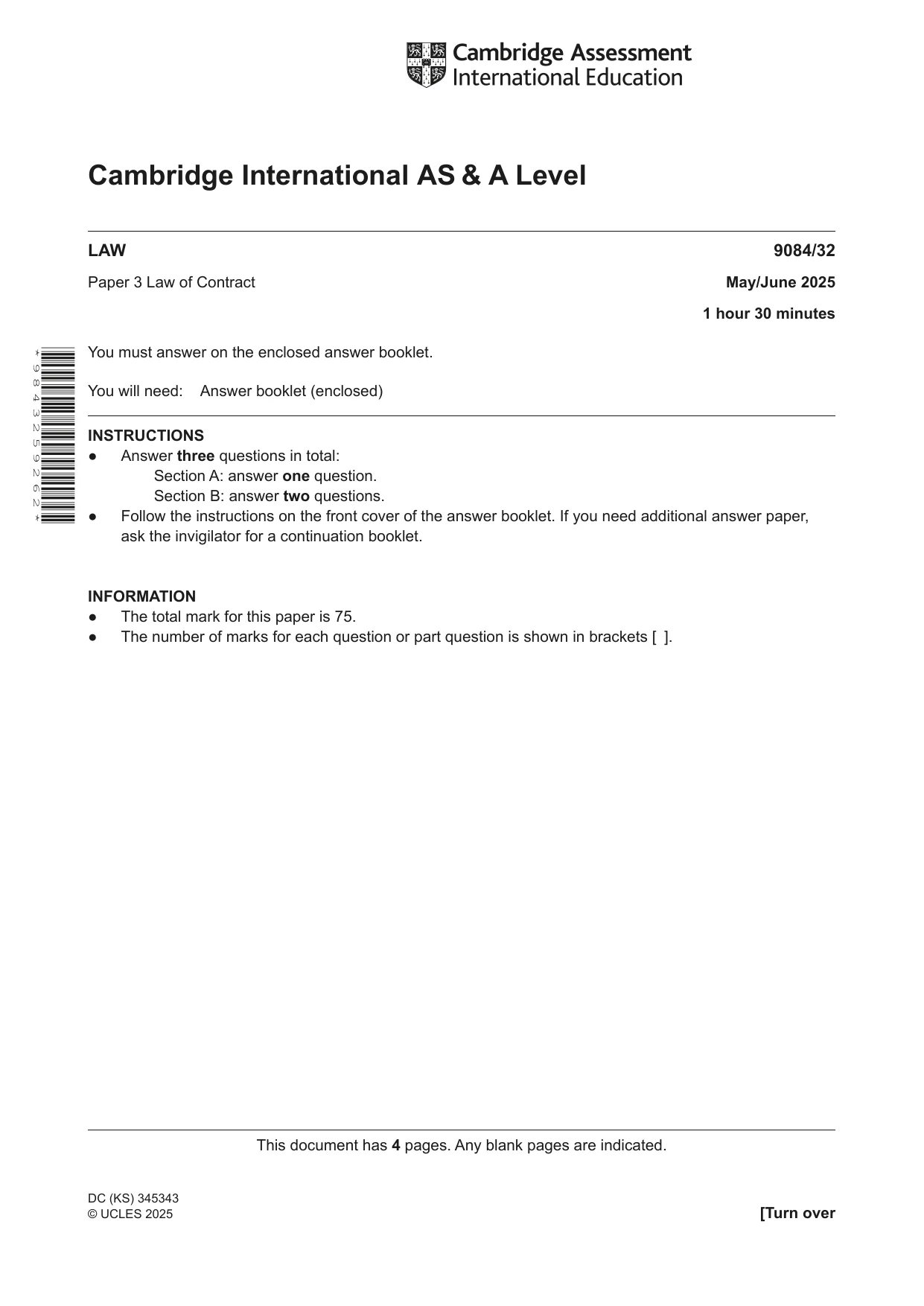 Cambridge A Level Law 9084 2025 May/June Paper 3 · Variant 2 question paper, page 1 of 4