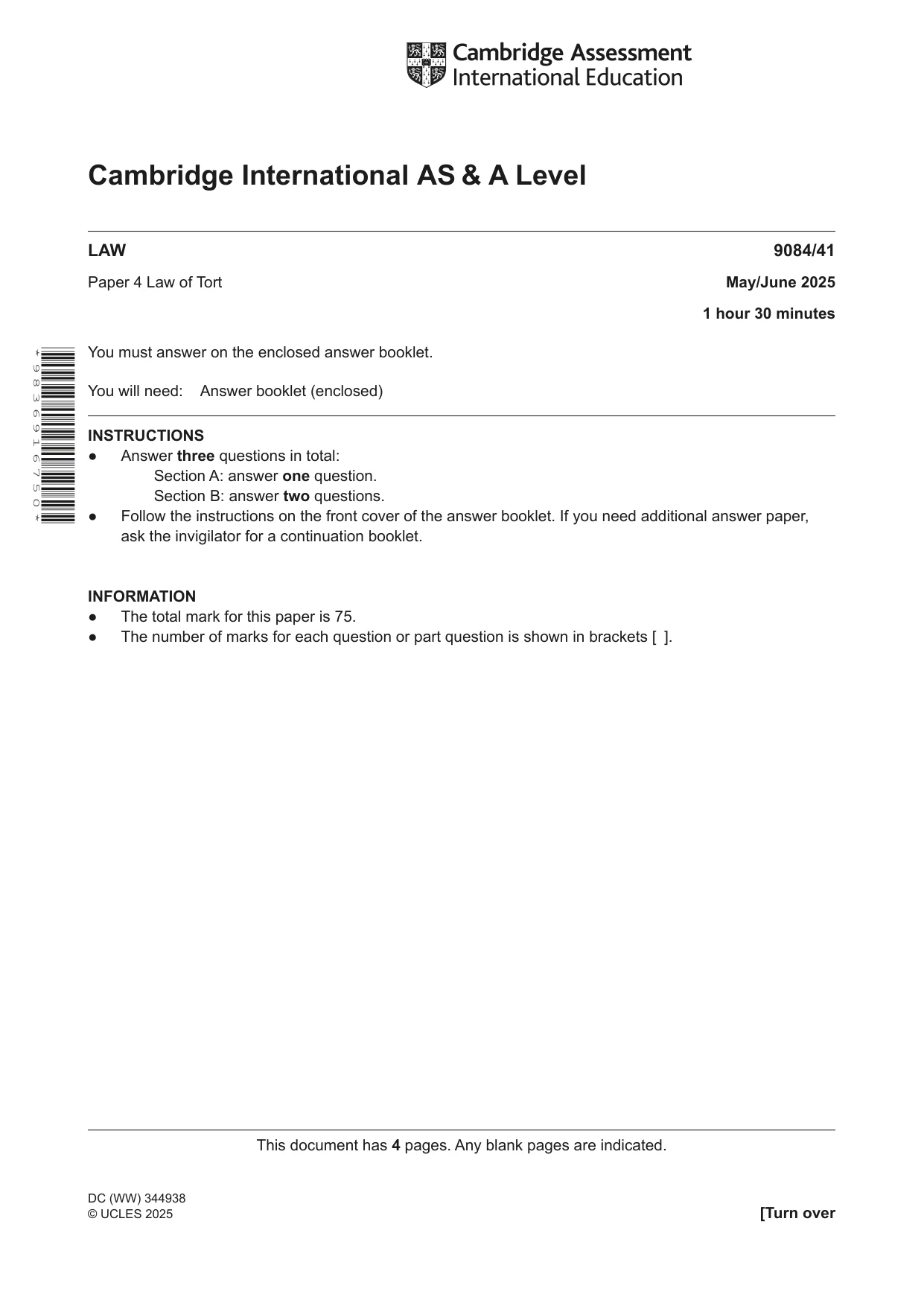 Cambridge A Level Law 9084 2025 May/June Paper 4 · Variant 1 question paper, page 1 of 4