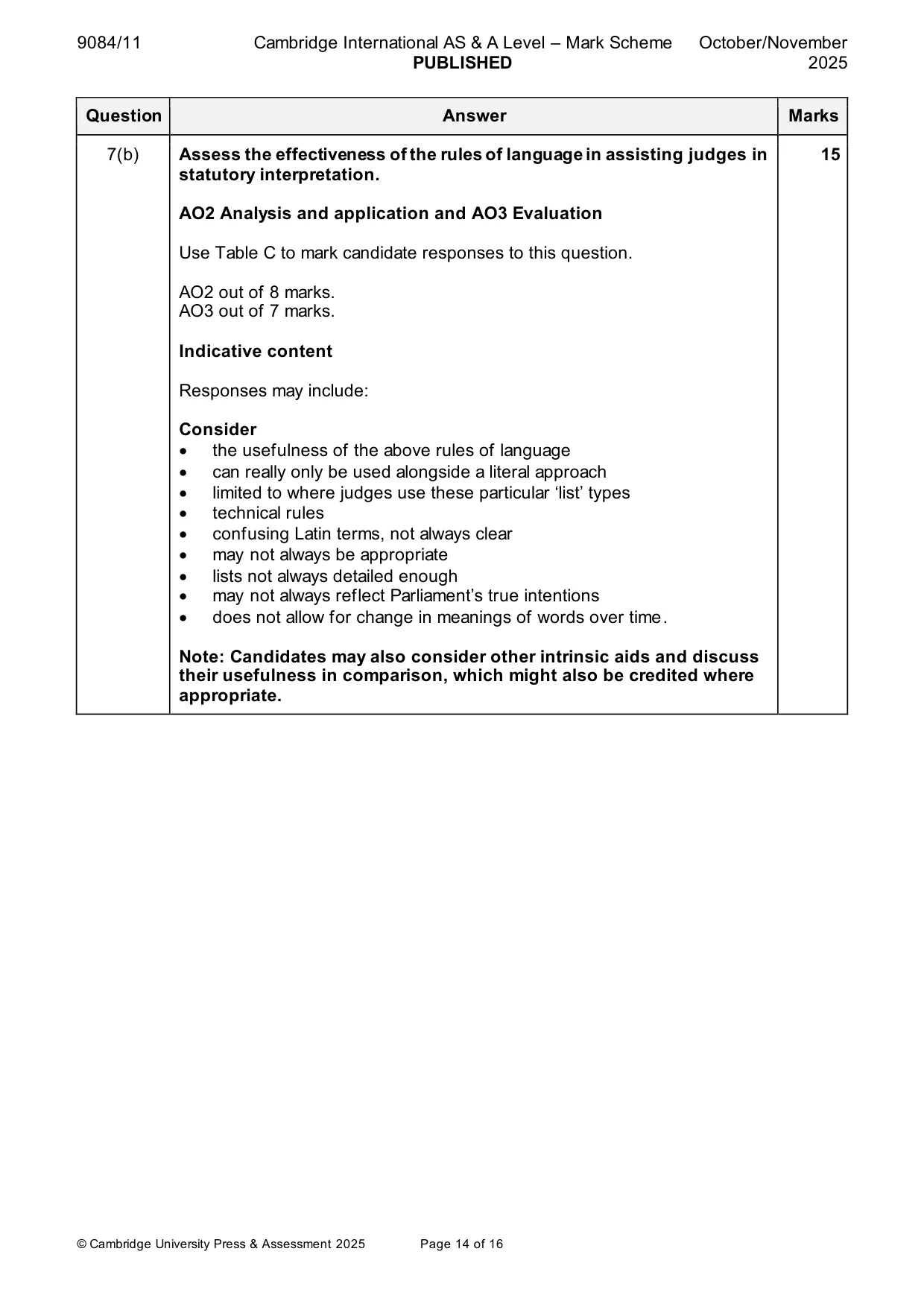 Mark scheme, page 14 of 16