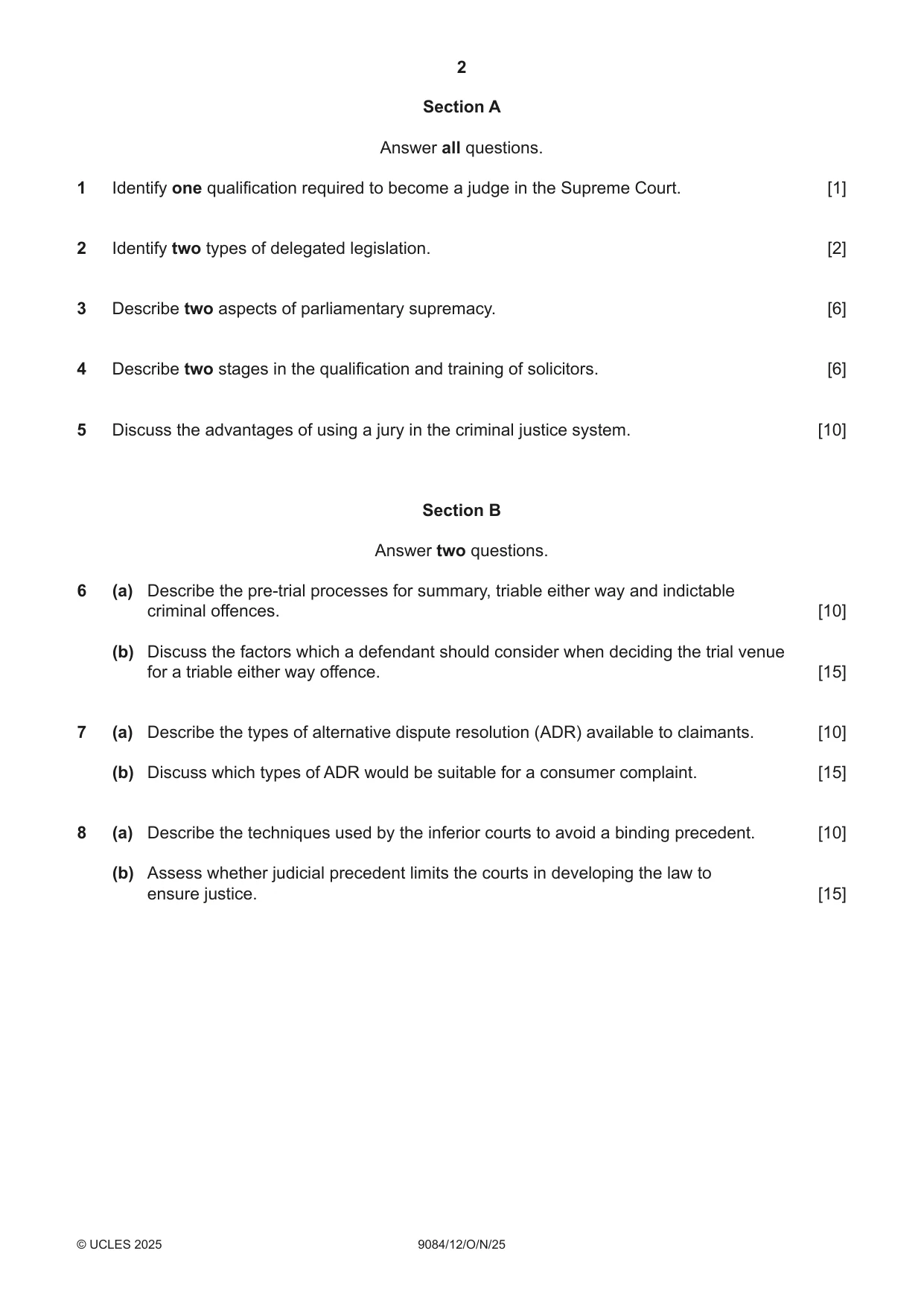 Cambridge A Level Law 9084 2025 Oct/Nov Paper 1 · Variant 2 question paper, page 2 of 4