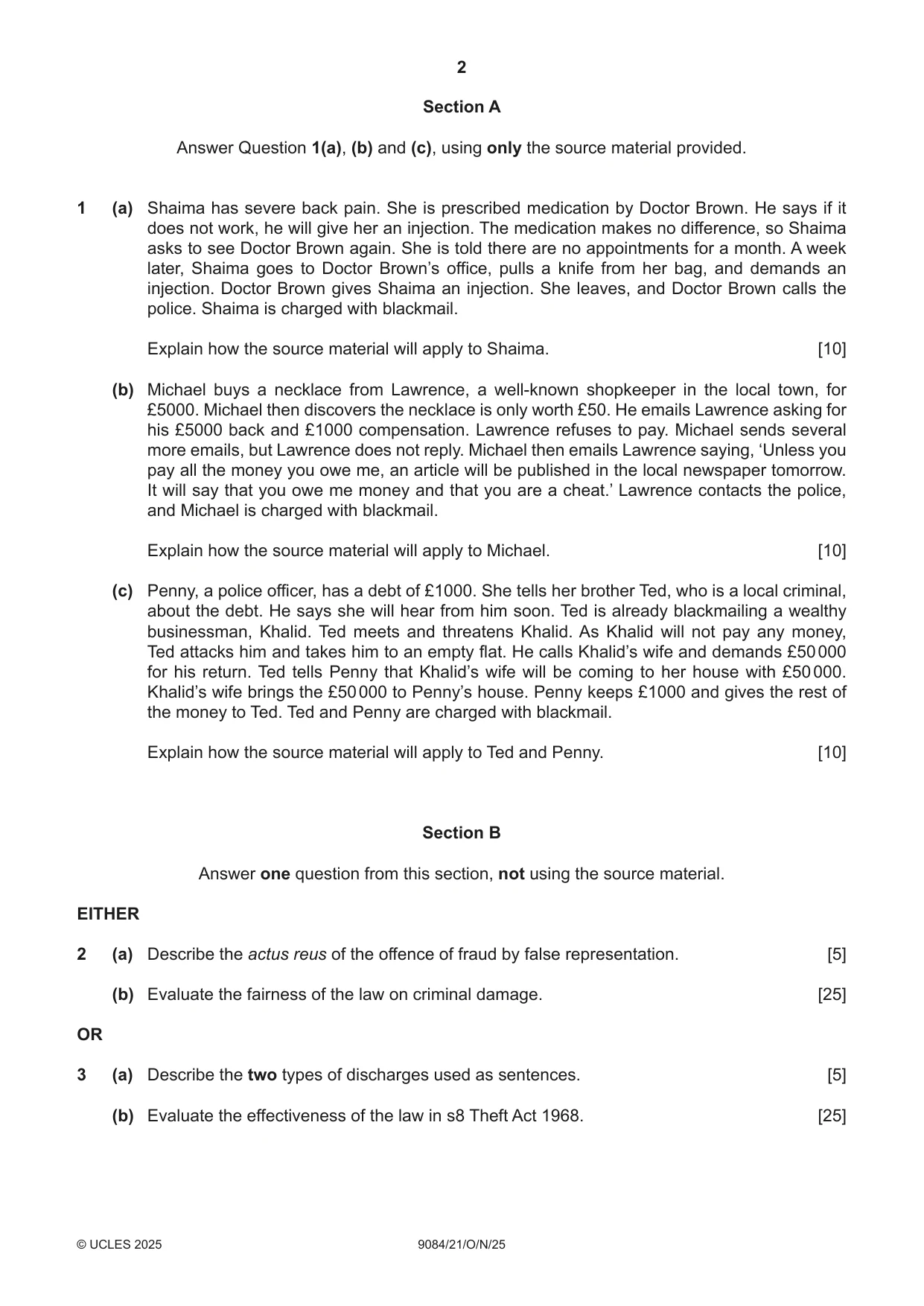 Cambridge A Level Law 9084 2025 Oct/Nov Paper 2 · Variant 1 question paper, page 2 of 4