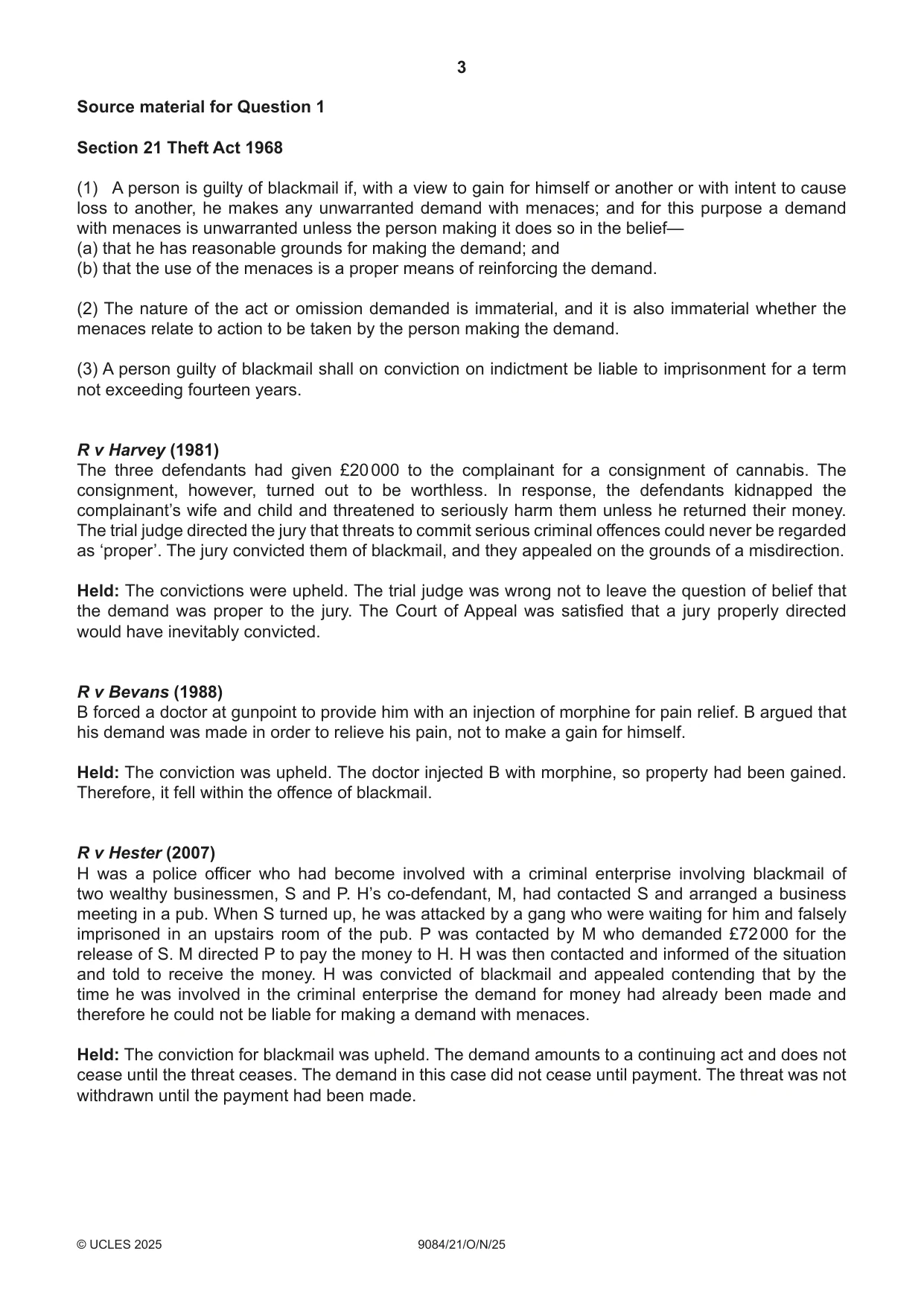 Cambridge A Level Law 9084 2025 Oct/Nov Paper 2 · Variant 1 question paper, page 3 of 4