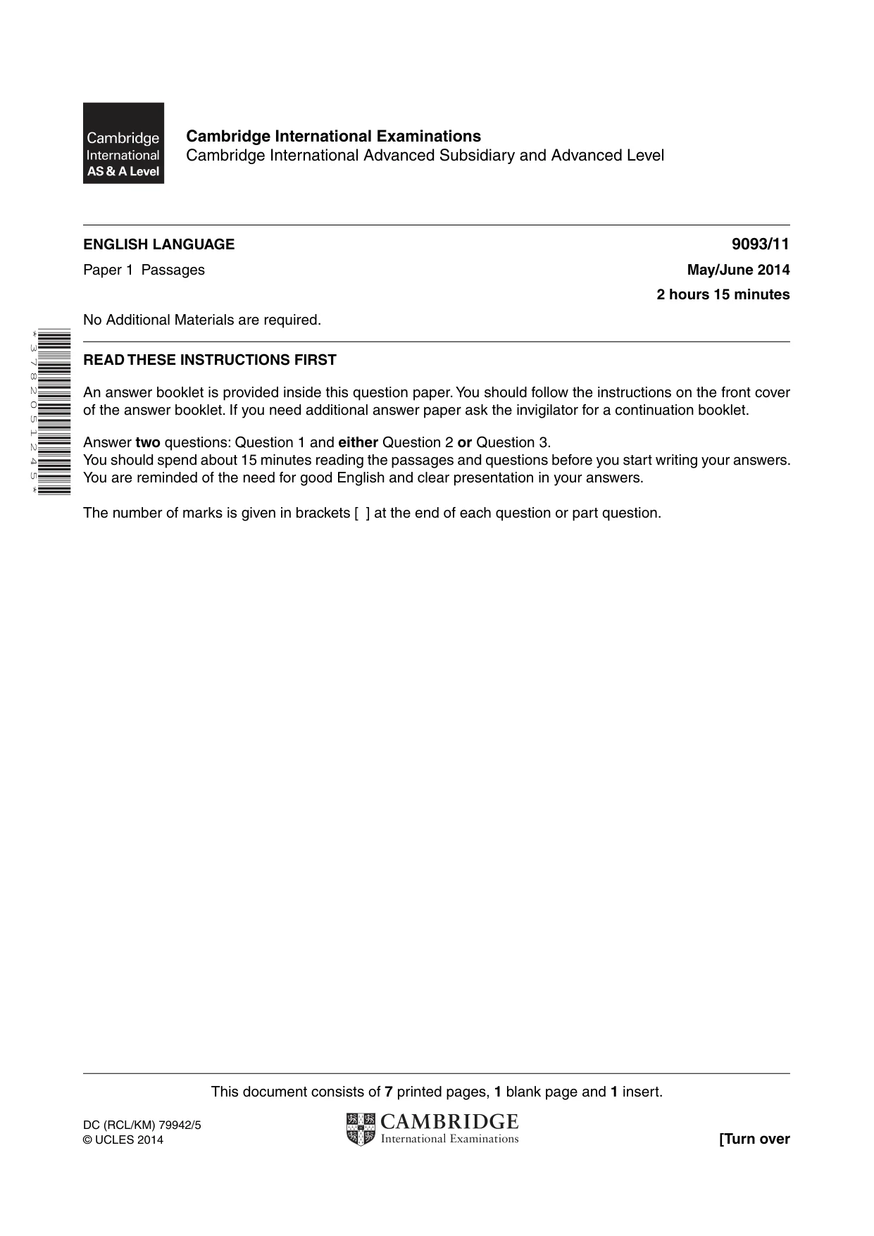 Cambridge A Level English - Language AS and A Level (from 2014) 9093 2014 May/June Paper 1 · Variant 1 question paper, page 1 of 8