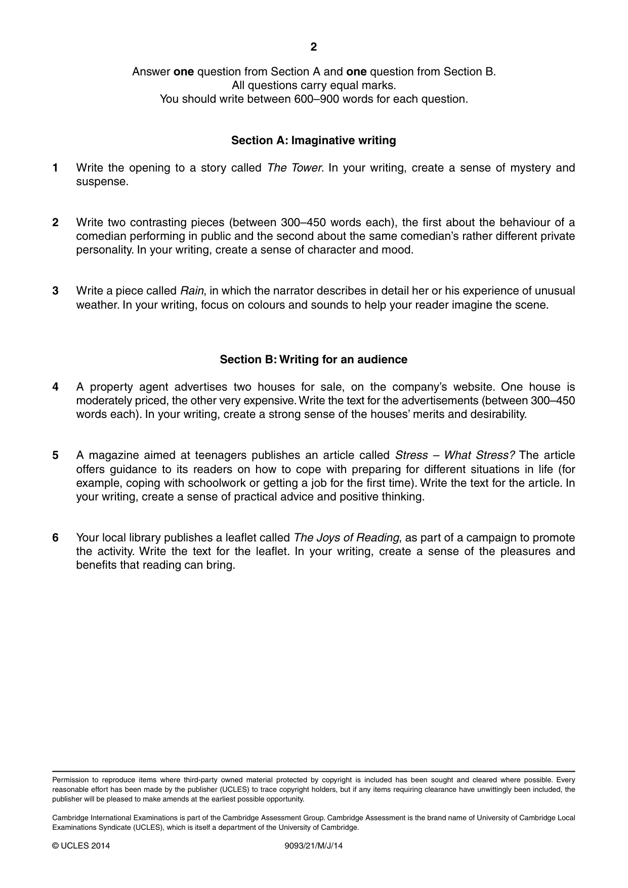 Cambridge A Level English - Language AS and A Level (from 2014) 9093 2014 May/June Paper 2 · Variant 1 question paper, page 2 of 2