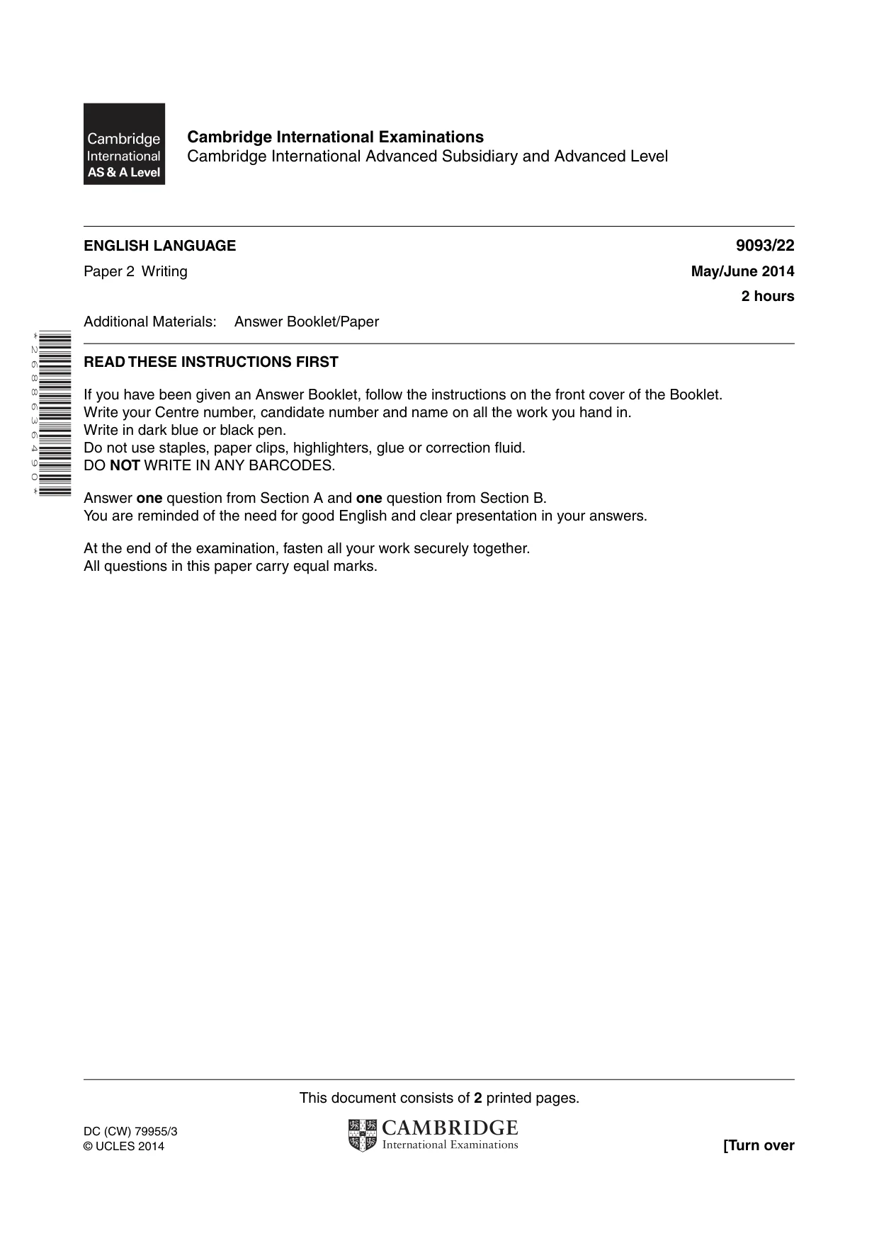 Cambridge A Level English - Language AS and A Level (from 2014) 9093 2014 May/June Paper 2 · Variant 2 question paper, page 1 of 2