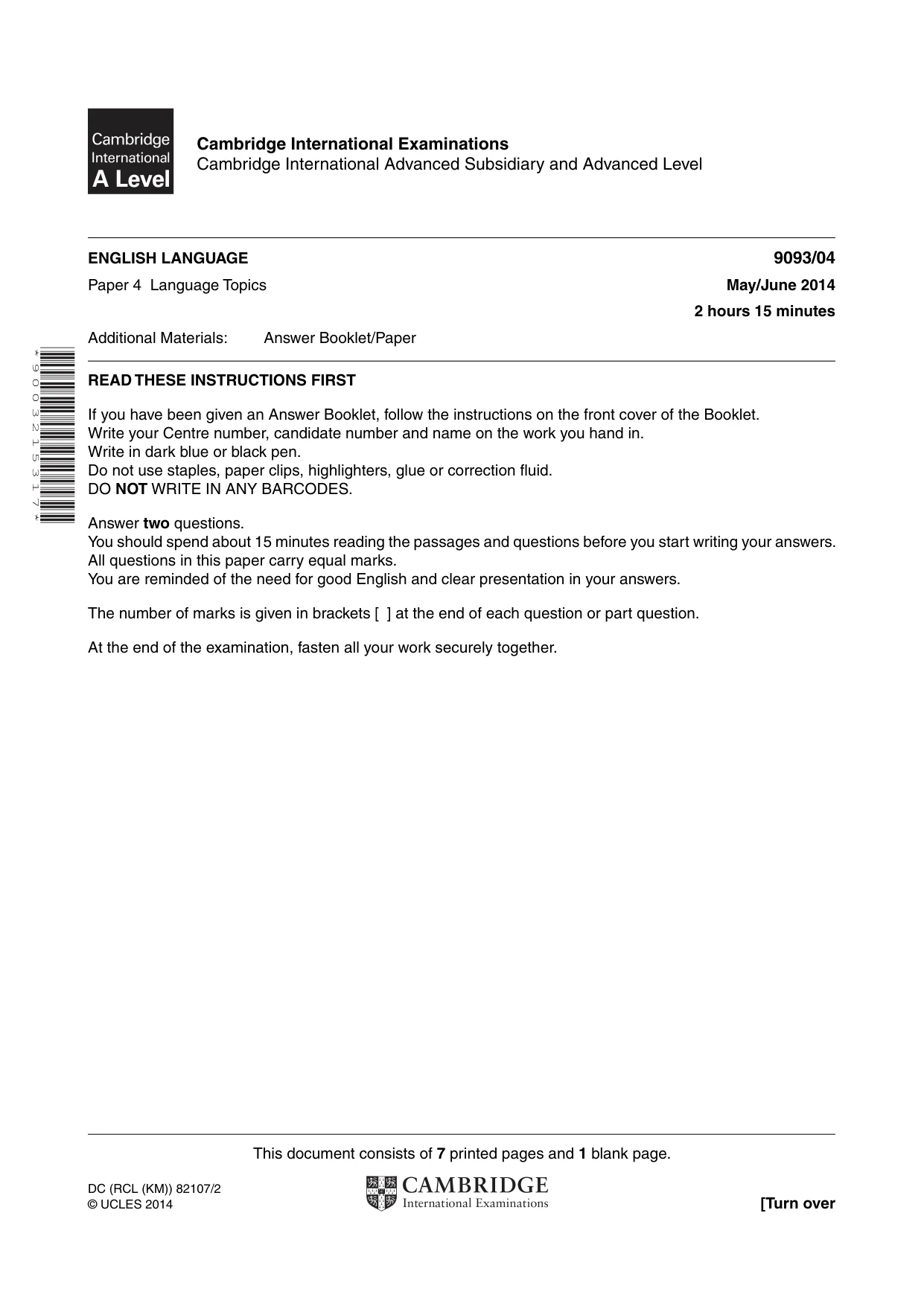 Cambridge A Level English - Language AS and A Level (from 2014) 9093 2014 May/June Paper 4 · Variant 1 question paper, page 1 of 8