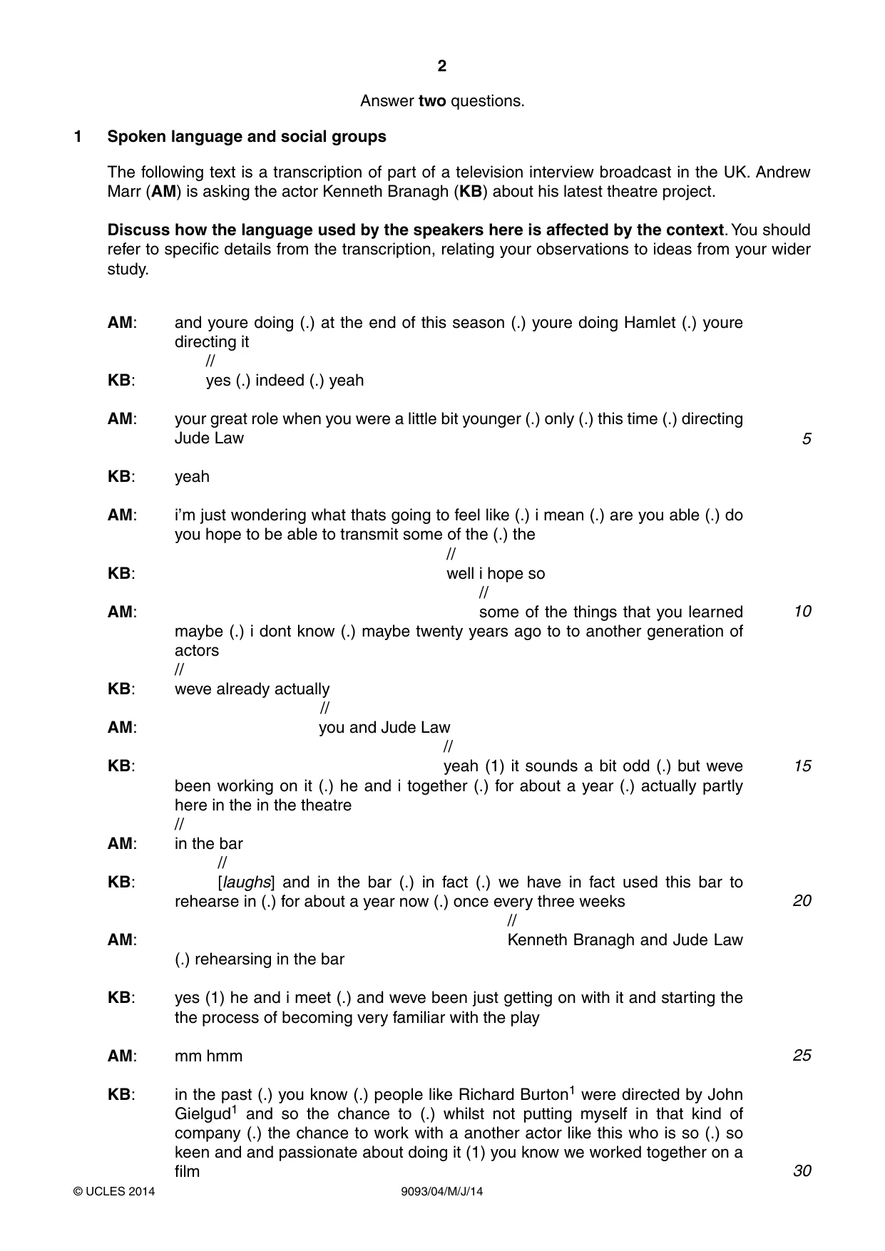 Cambridge A Level English - Language AS and A Level (from 2014) 9093 2014 May/June Paper 4 · Variant 1 question paper, page 2 of 8