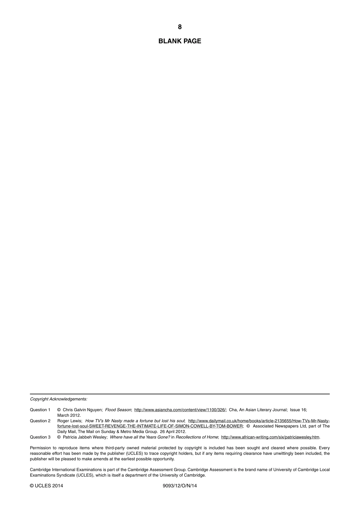Cambridge A Level English - Language AS and A Level (from 2014) 9093 2014 Oct/Nov Paper 1 · Variant 2 question paper, page 8 of 8