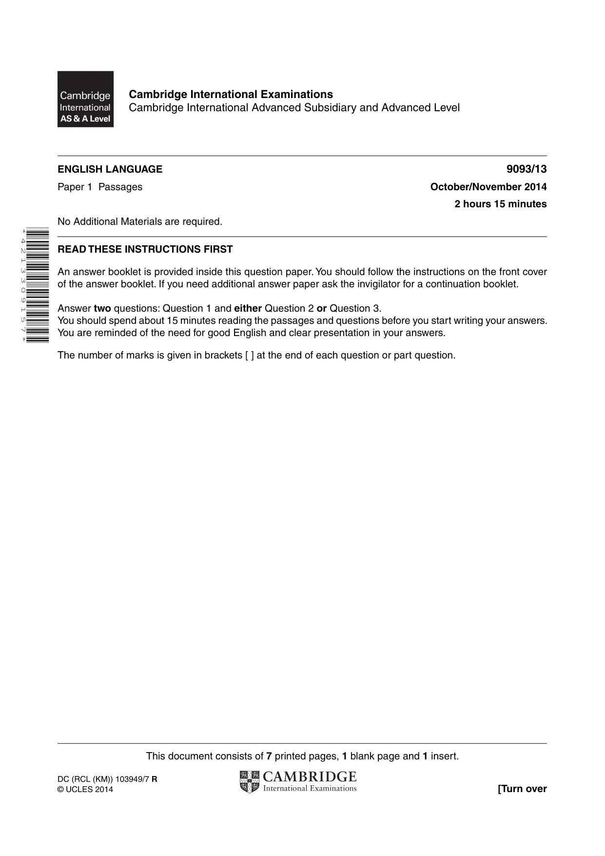 Cambridge A Level English - Language AS and A Level (from 2014) 9093 2014 Oct/Nov Paper 1 · Variant 3 question paper, page 1 of 8