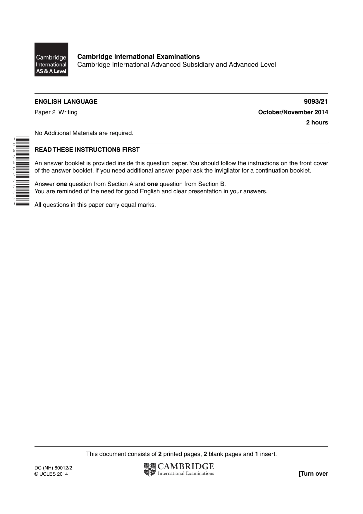 Cambridge A Level English - Language AS and A Level (from 2014) 9093 2014 Oct/Nov Paper 2 · Variant 1 question paper, page 1 of 4