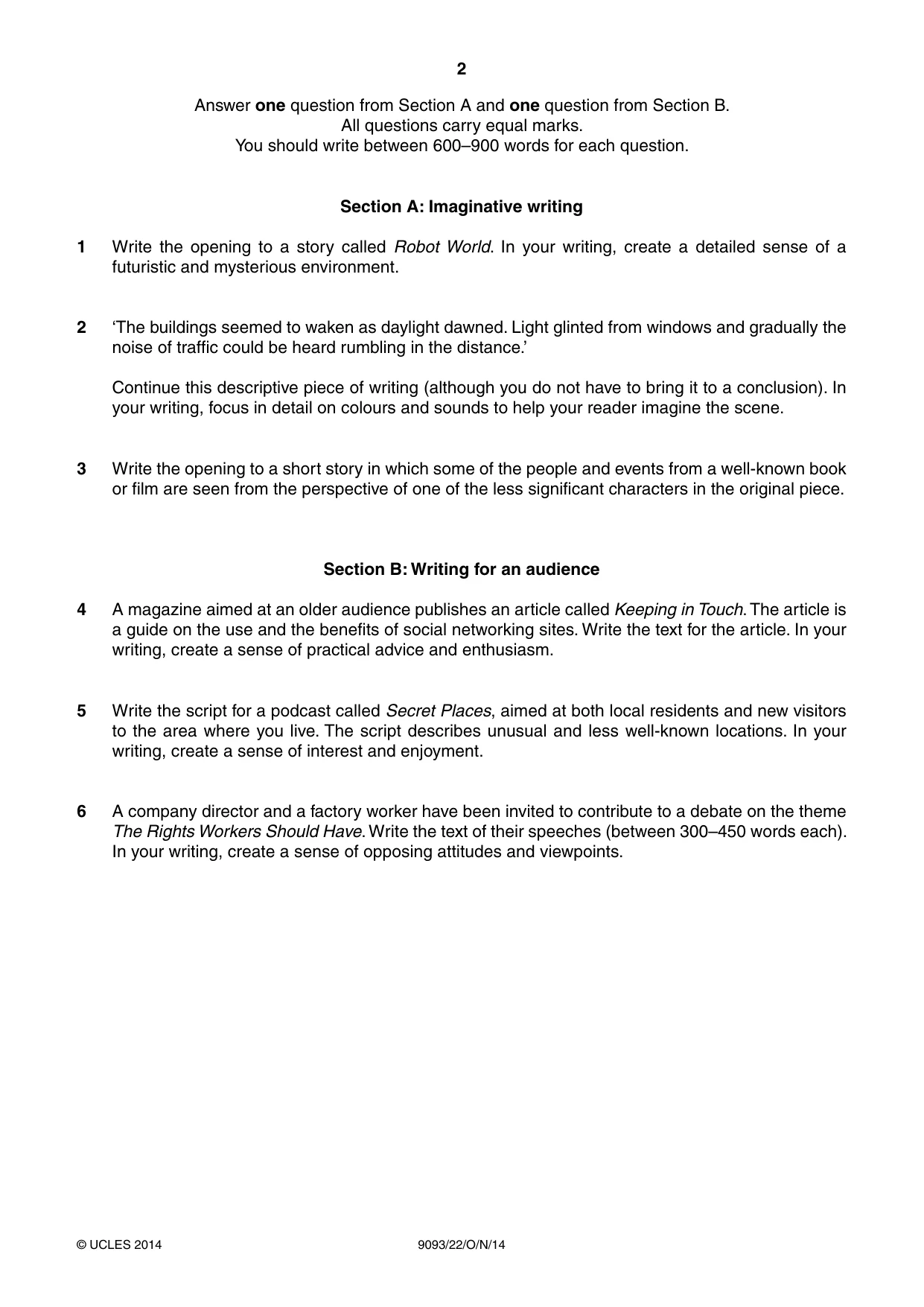 Cambridge A Level English - Language AS and A Level (from 2014) 9093 2014 Oct/Nov Paper 2 · Variant 2 question paper, page 2 of 4