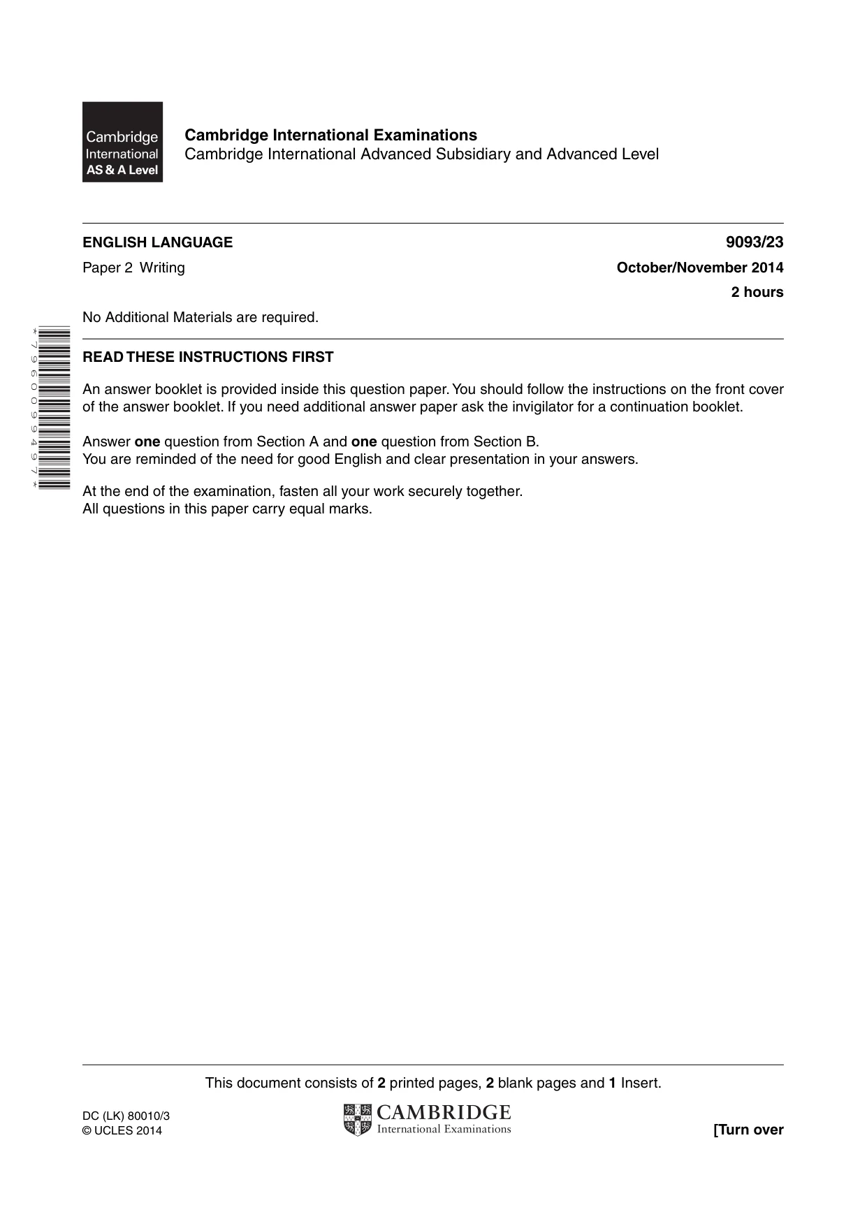 Cambridge A Level English - Language AS and A Level (from 2014) 9093 2014 Oct/Nov Paper 2 · Variant 3 question paper, page 1 of 4