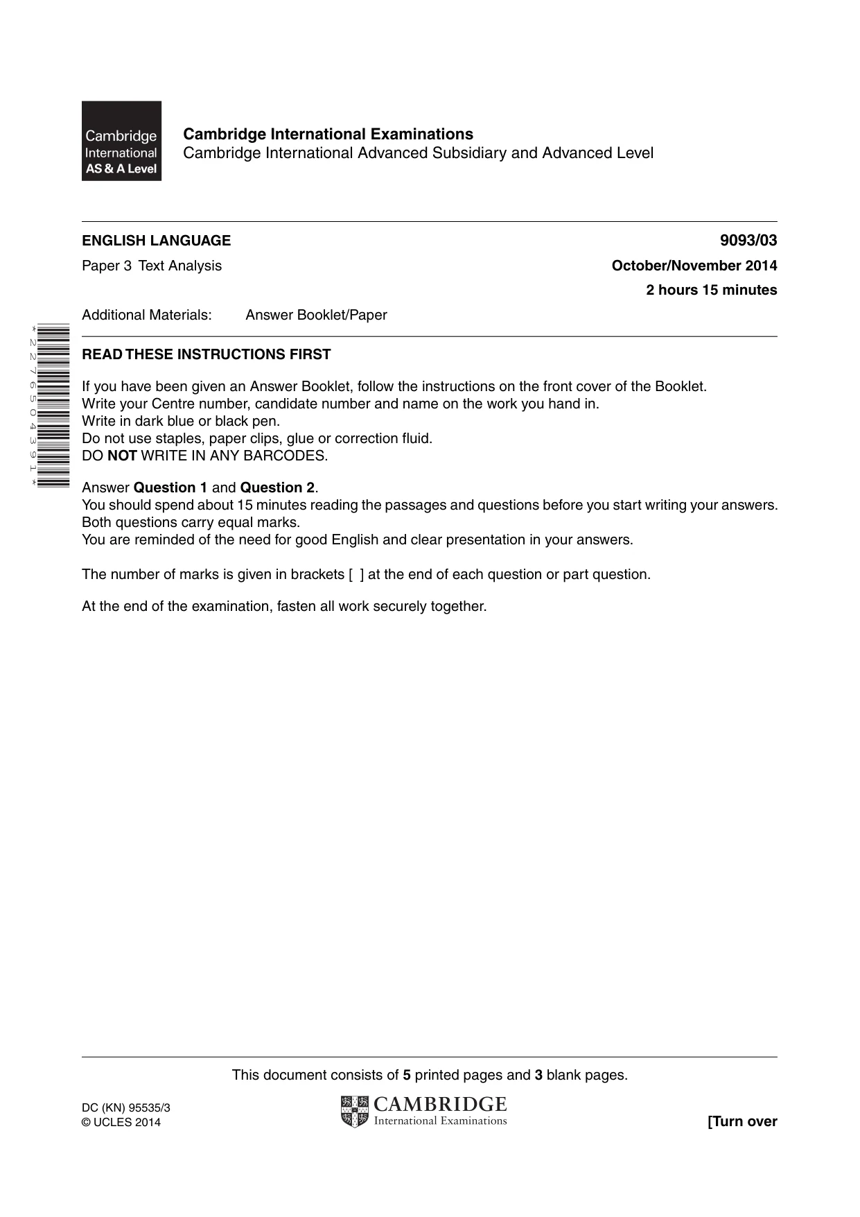 Cambridge A Level English - Language AS and A Level (from 2014) 9093 2014 Oct/Nov Paper 3 · Variant 1 question paper, page 1 of 8