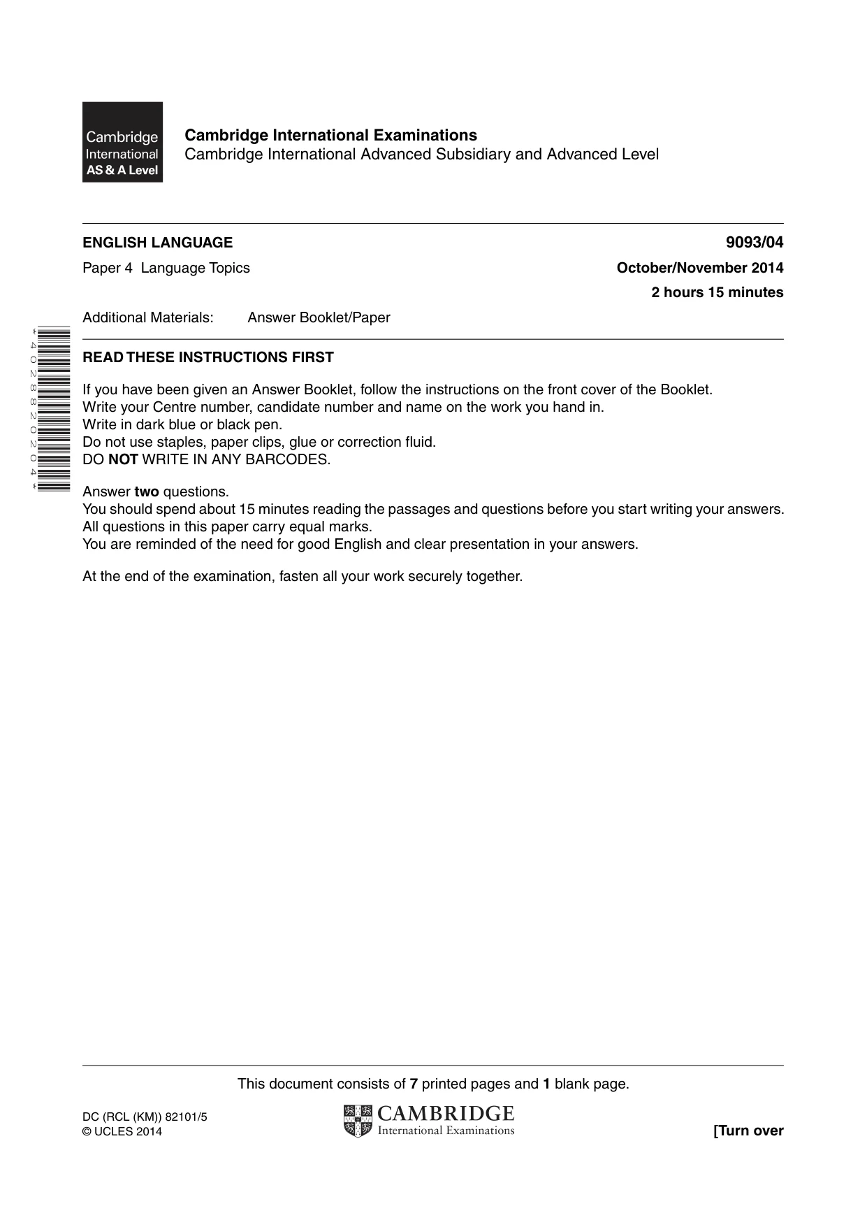Cambridge A Level English - Language AS and A Level (from 2014) 9093 2014 Oct/Nov Paper 4 · Variant 1 question paper, page 1 of 8