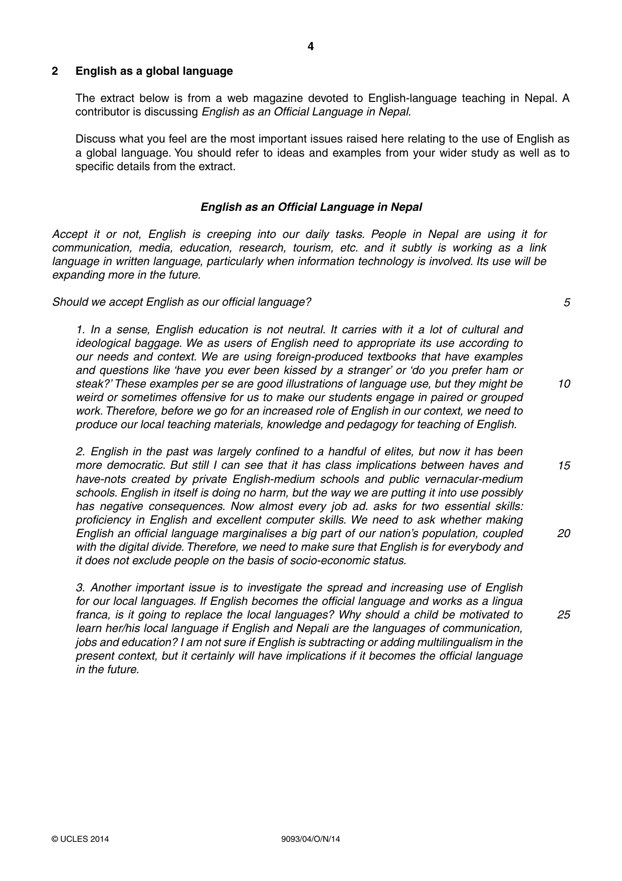 Cambridge A Level English - Language AS and A Level (from 2014) 9093 2014 Oct/Nov Paper 4 · Variant 1 question paper, page 4 of 8