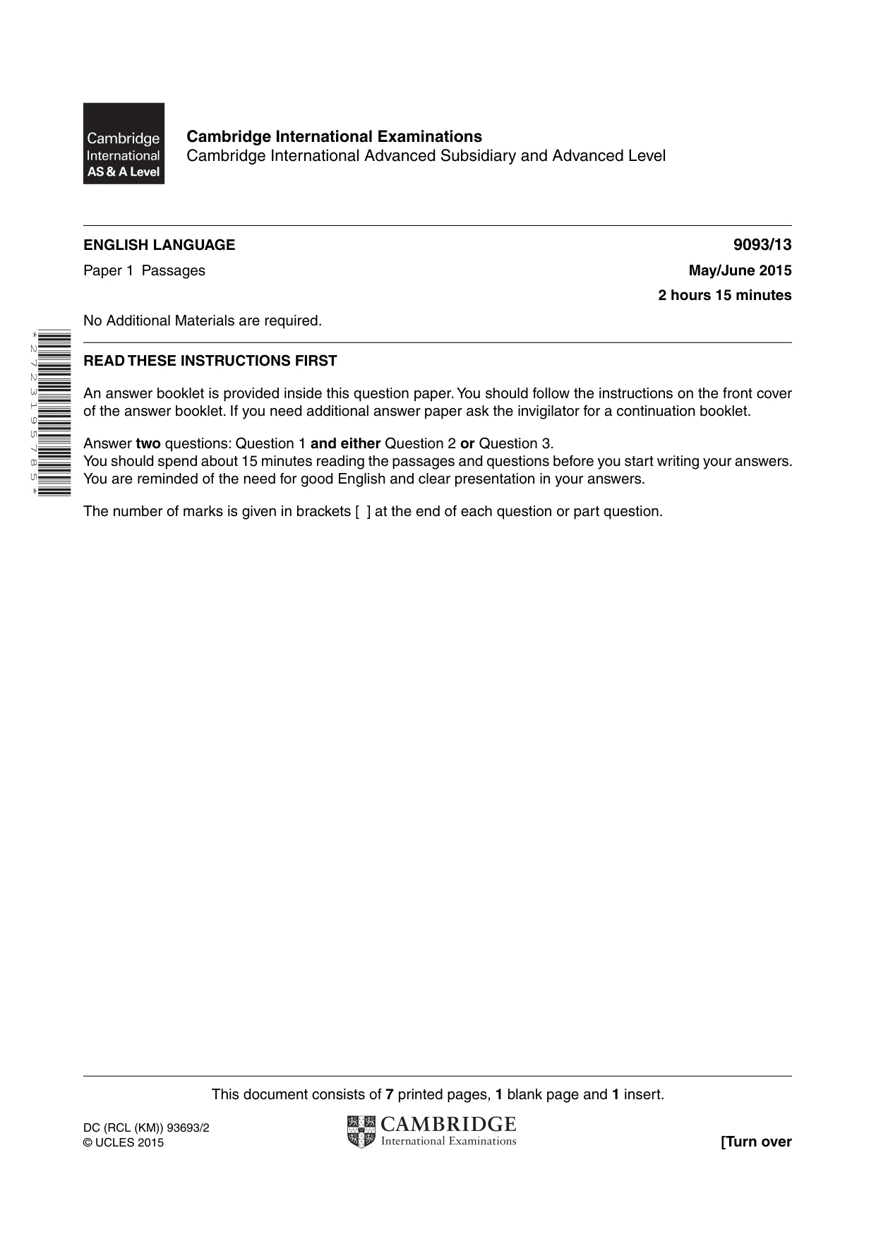 Cambridge A Level English - Language AS and A Level (from 2014) 9093 2015 May/June Paper 1 · Variant 3 question paper, page 1 of 8