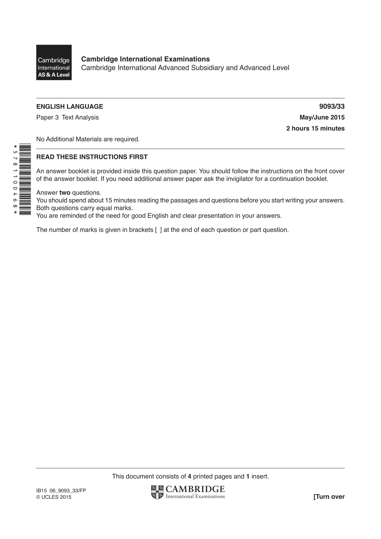 Cambridge A Level English - Language AS and A Level (from 2014) 9093 2015 May/June Paper 3 · Variant 3 question paper, page 1 of 4