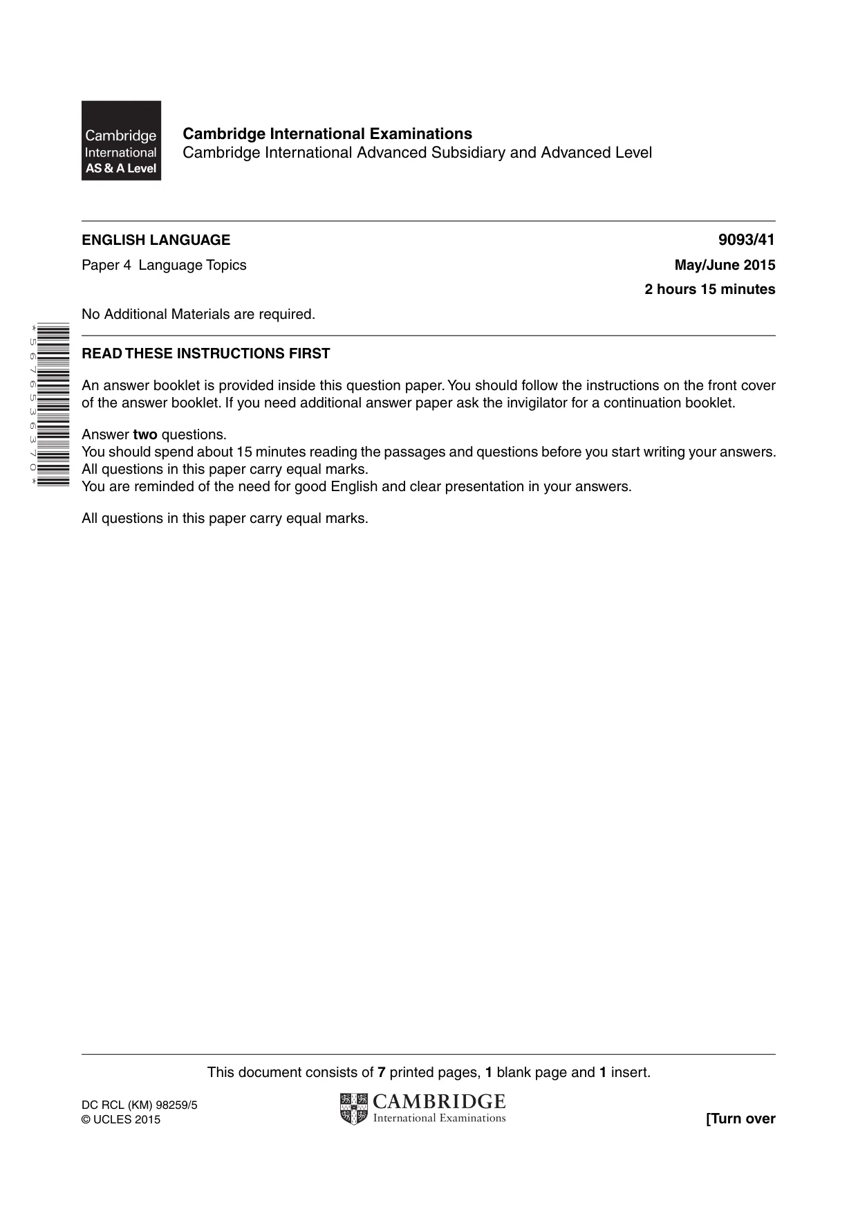 Cambridge A Level English - Language AS and A Level (from 2014) 9093 2015 May/June Paper 4 · Variant 1 question paper, page 1 of 8