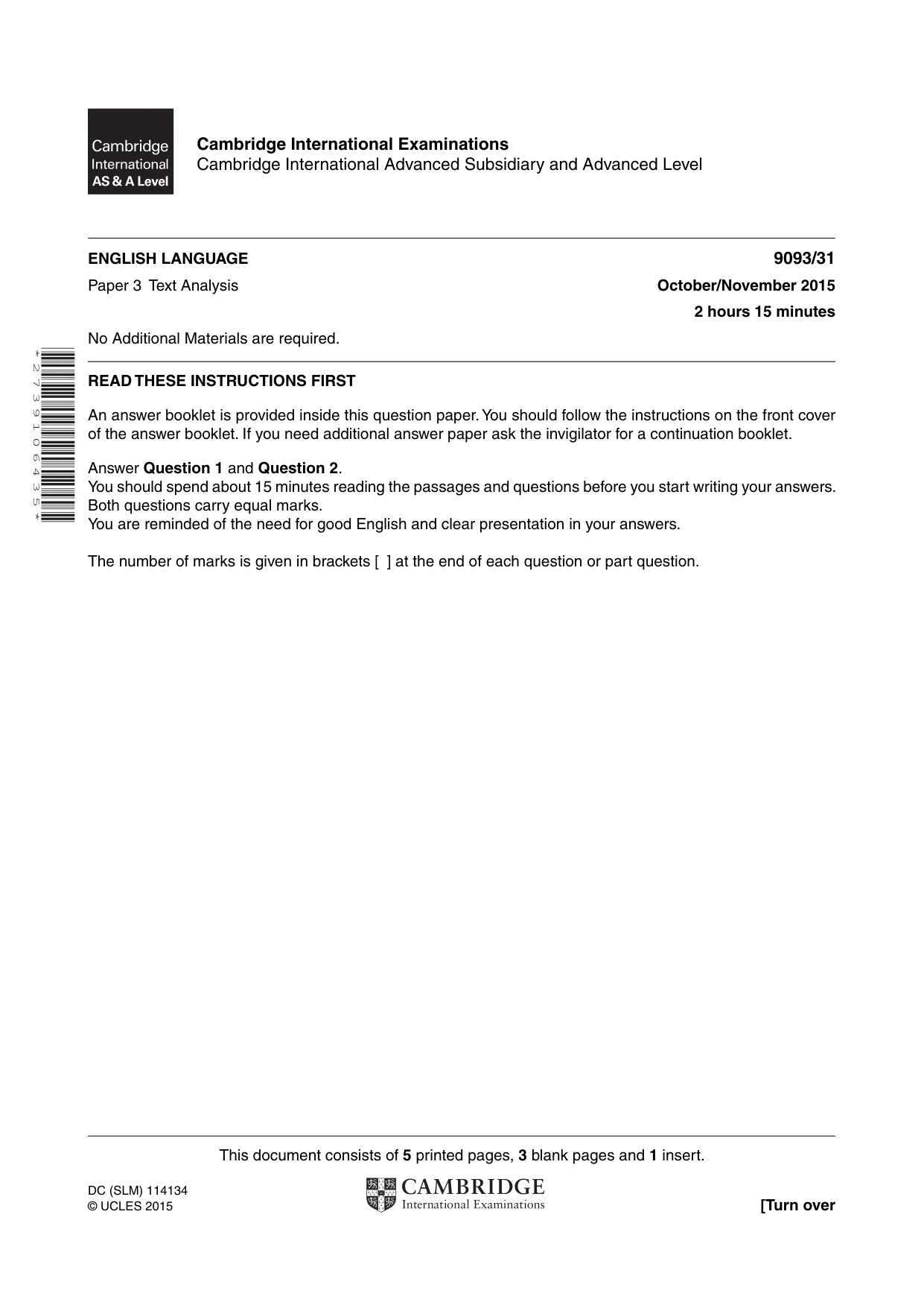 Cambridge A Level English - Language AS and A Level (from 2014) 9093 2015 Oct/Nov Paper 3 · Variant 1 question paper, page 1 of 8