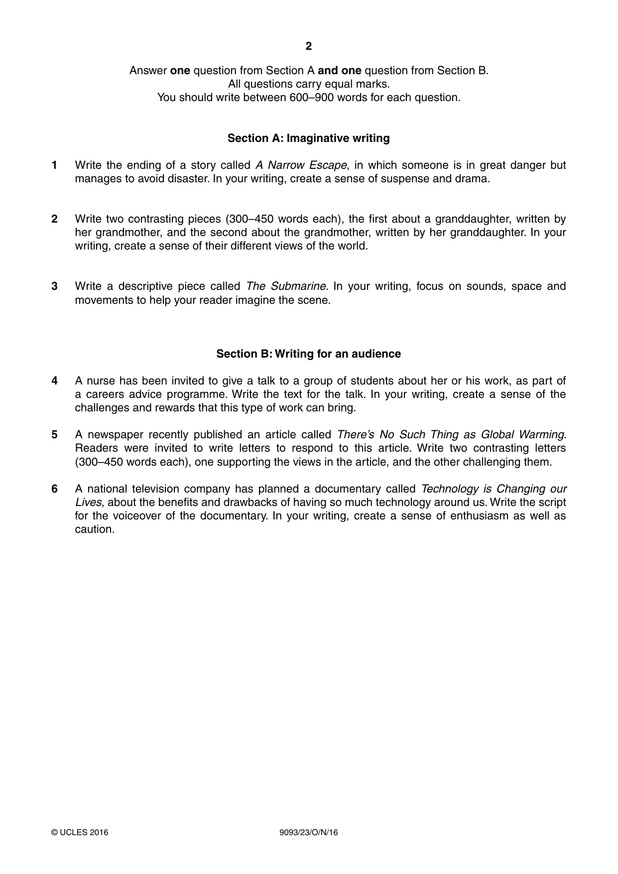 Cambridge A Level English - Language AS and A Level (from 2014) 9093 2016 Oct/Nov Paper 2 · Variant 3 question paper, page 2 of 4