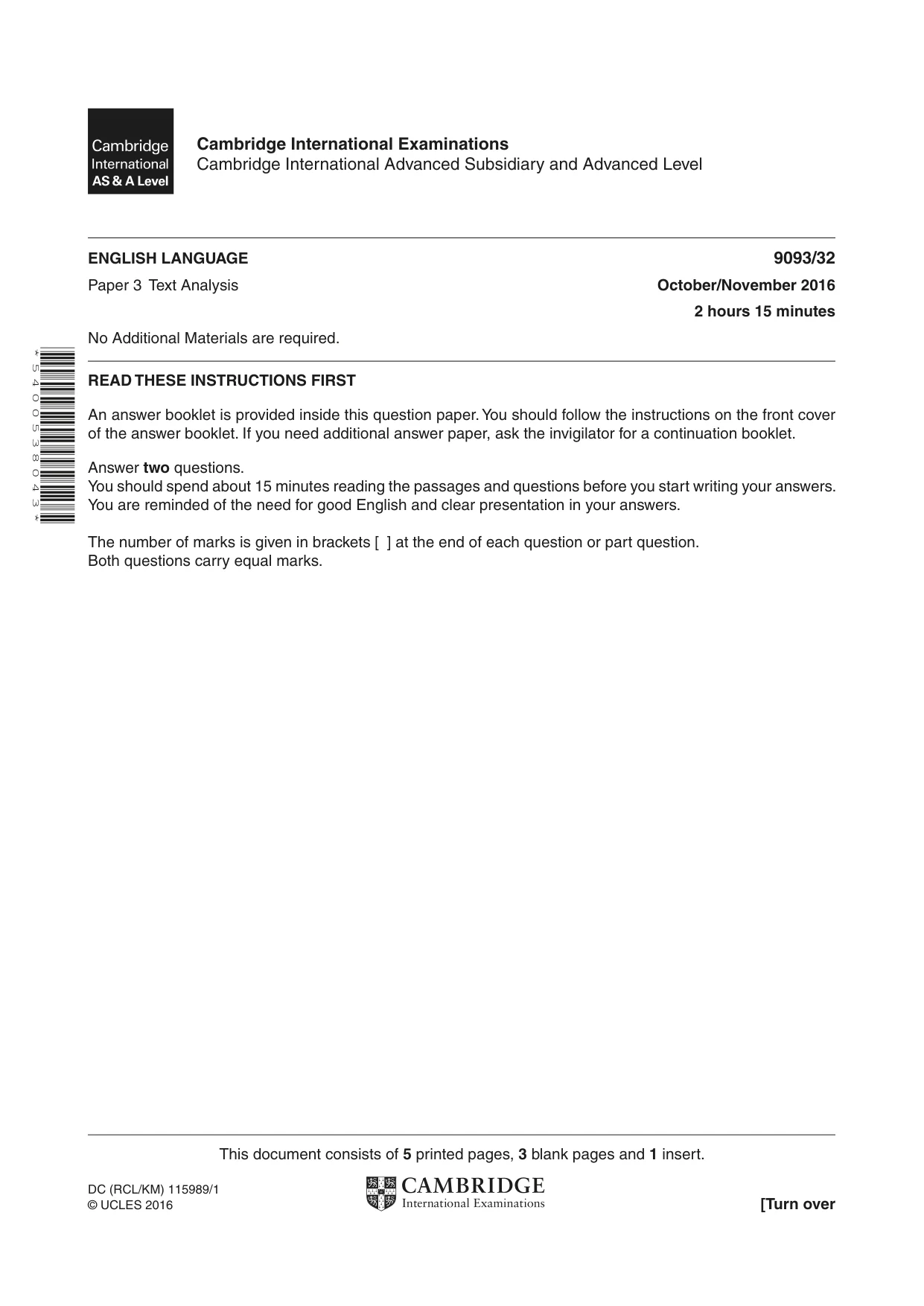 Cambridge A Level English - Language AS and A Level (from 2014) 9093 2016 Oct/Nov Paper 3 · Variant 2 question paper, page 1 of 8